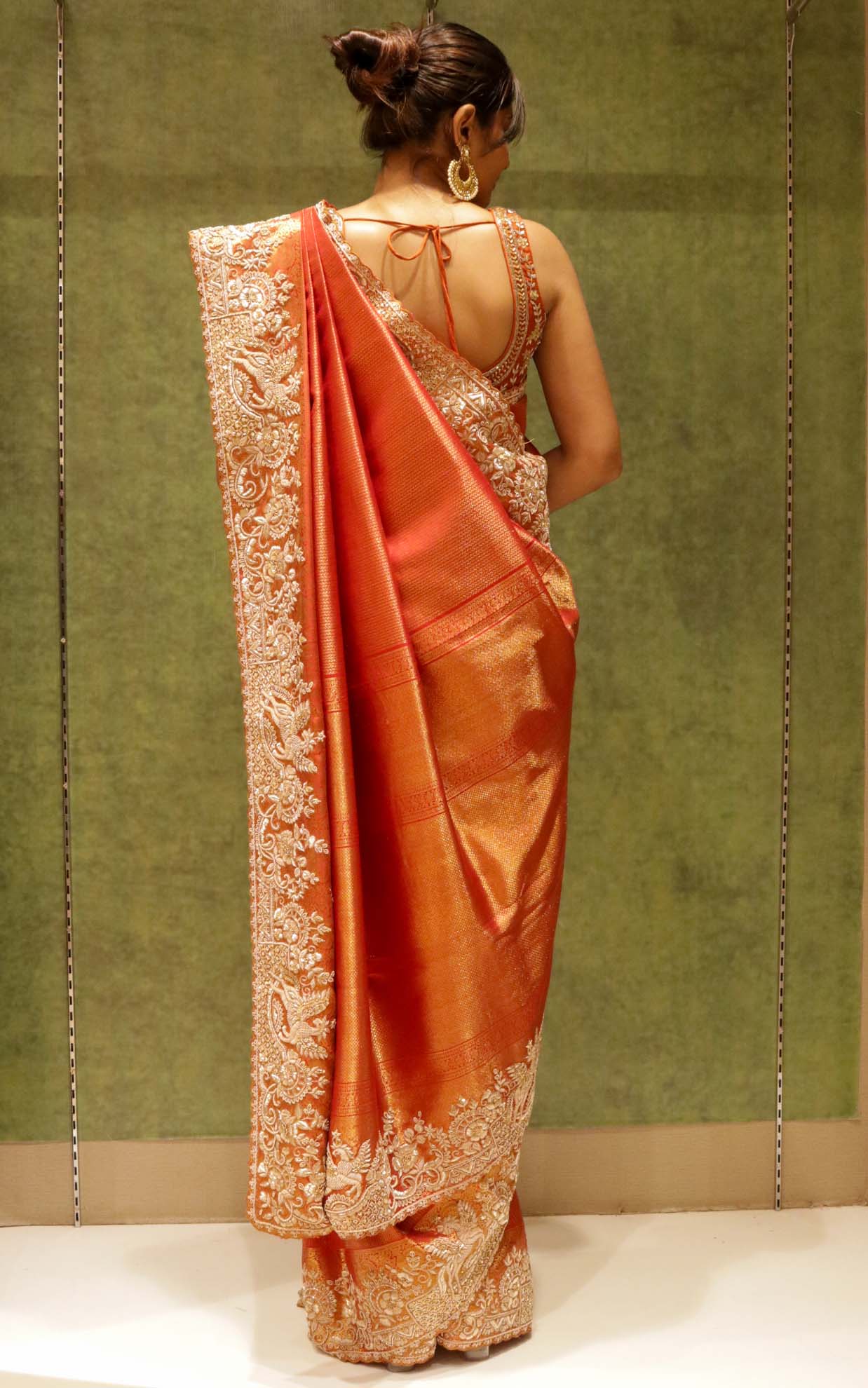 Reddish Orange Kanjivaram Silk Saree with Zardosi & Bead Work Border