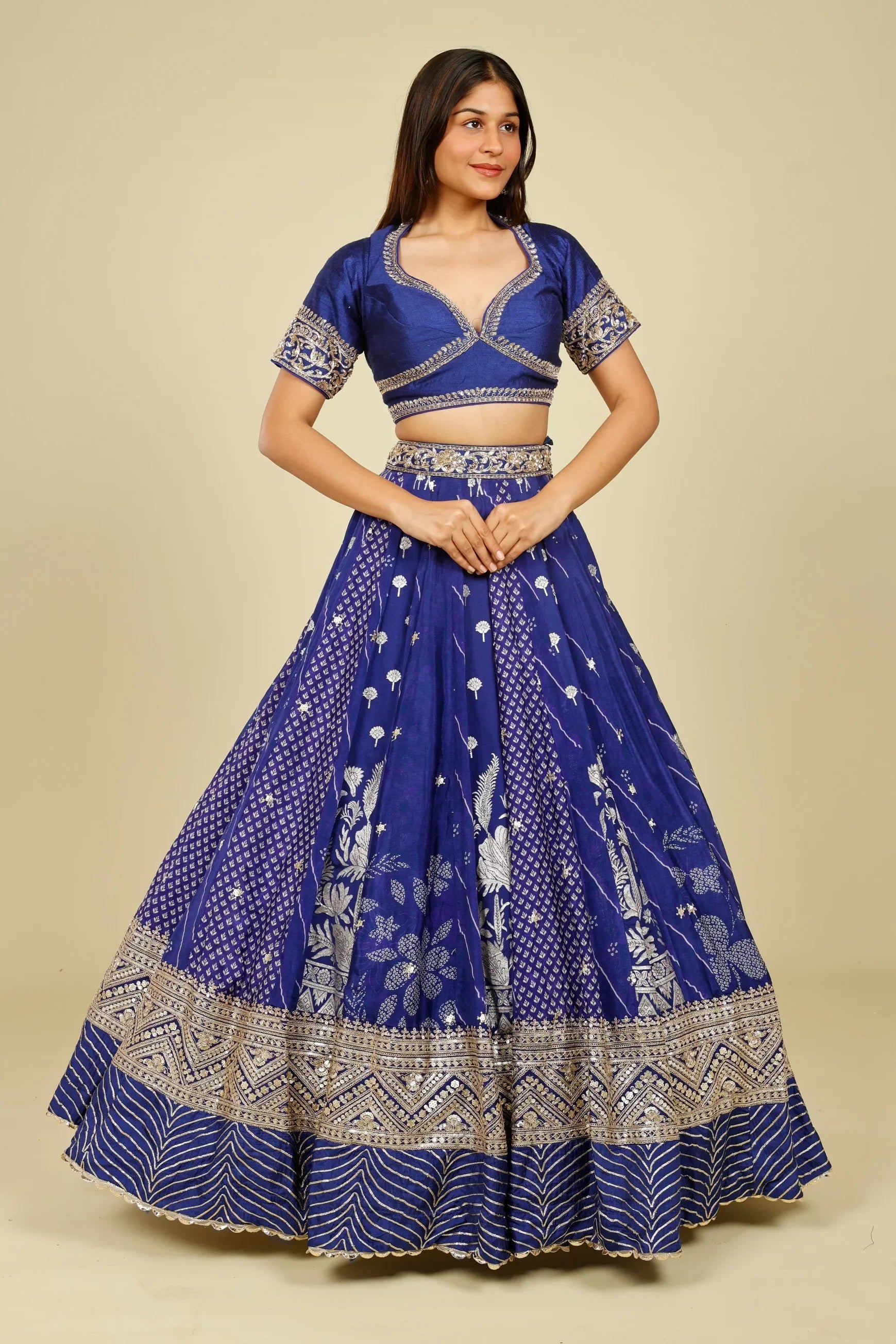 Royal Blue Printed Crepe Silk Lehenga Set with Zardozi & Gota Embroidery | Mokshaa