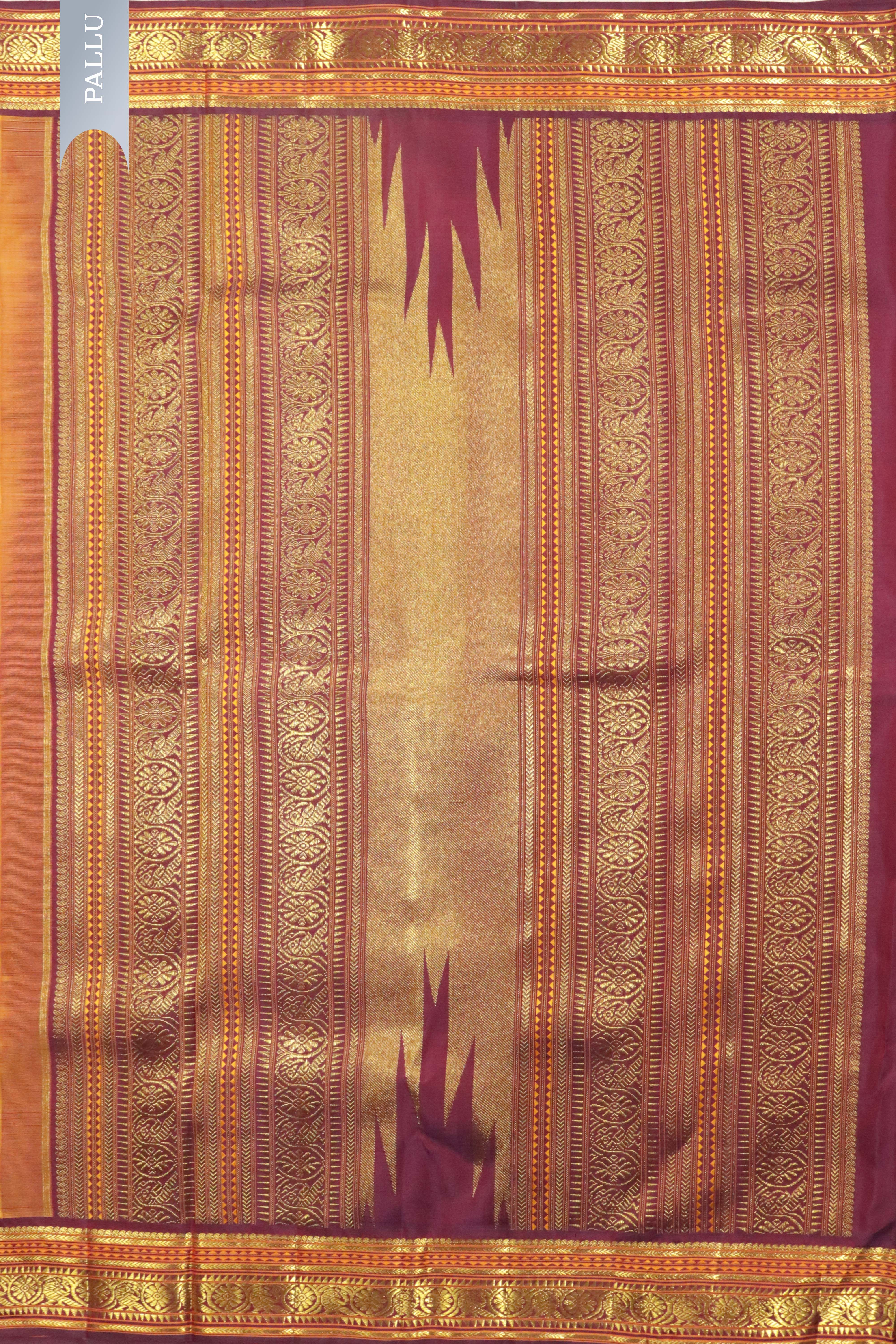 Pastel Orange Kanchipuram Silk Saree with Silk Thread Motifs & Contrast Zari Border