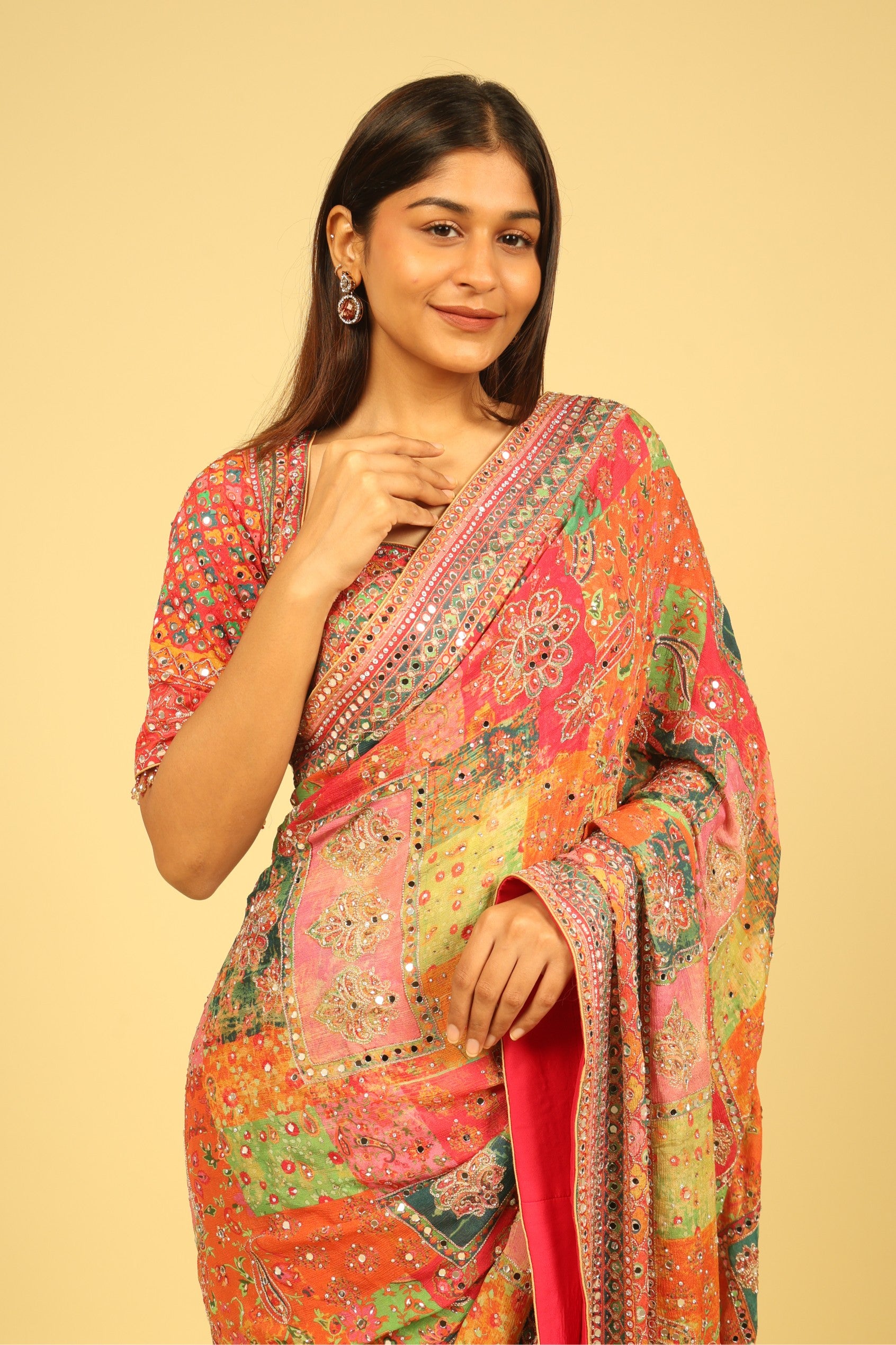 Multicolour Soft Georgette Saree with Digital Print, Sequin & Mirror Highlights