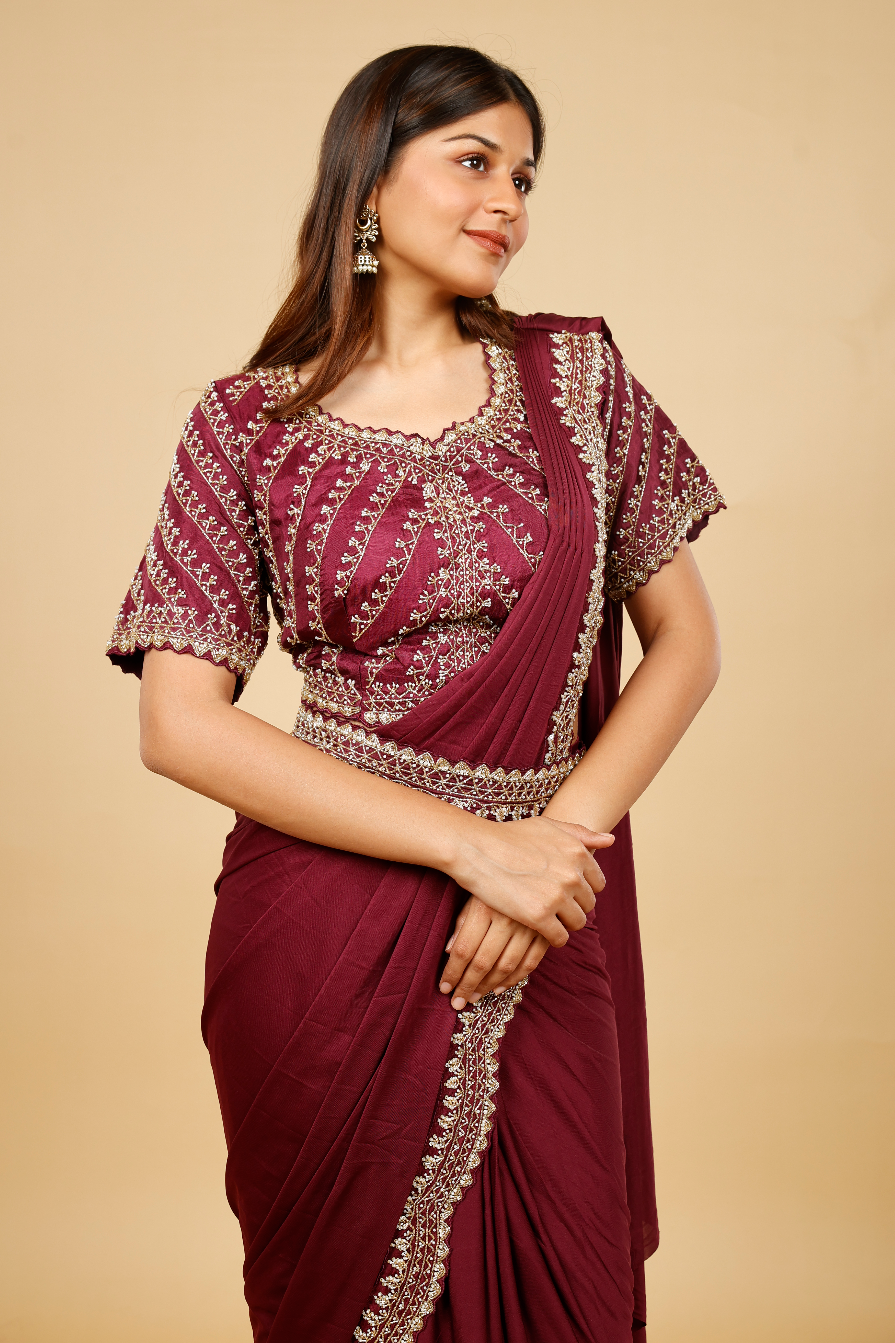 Maroon Satin Lycra Drape Saree with Pearl & Cutdana Embroidery