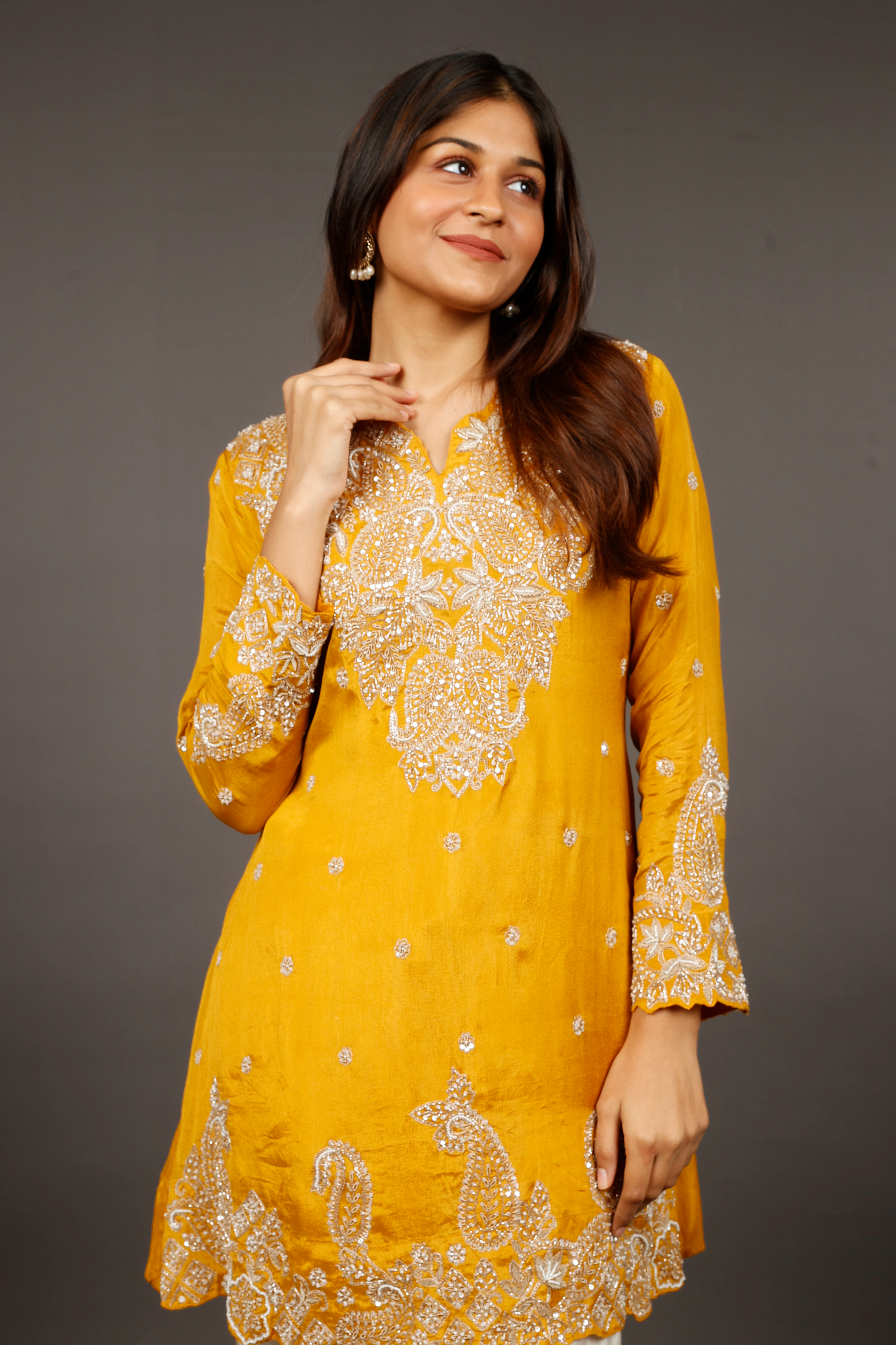 Yellow Chinon Silk Indo-Western Kurta with Cream Dhoti Pants