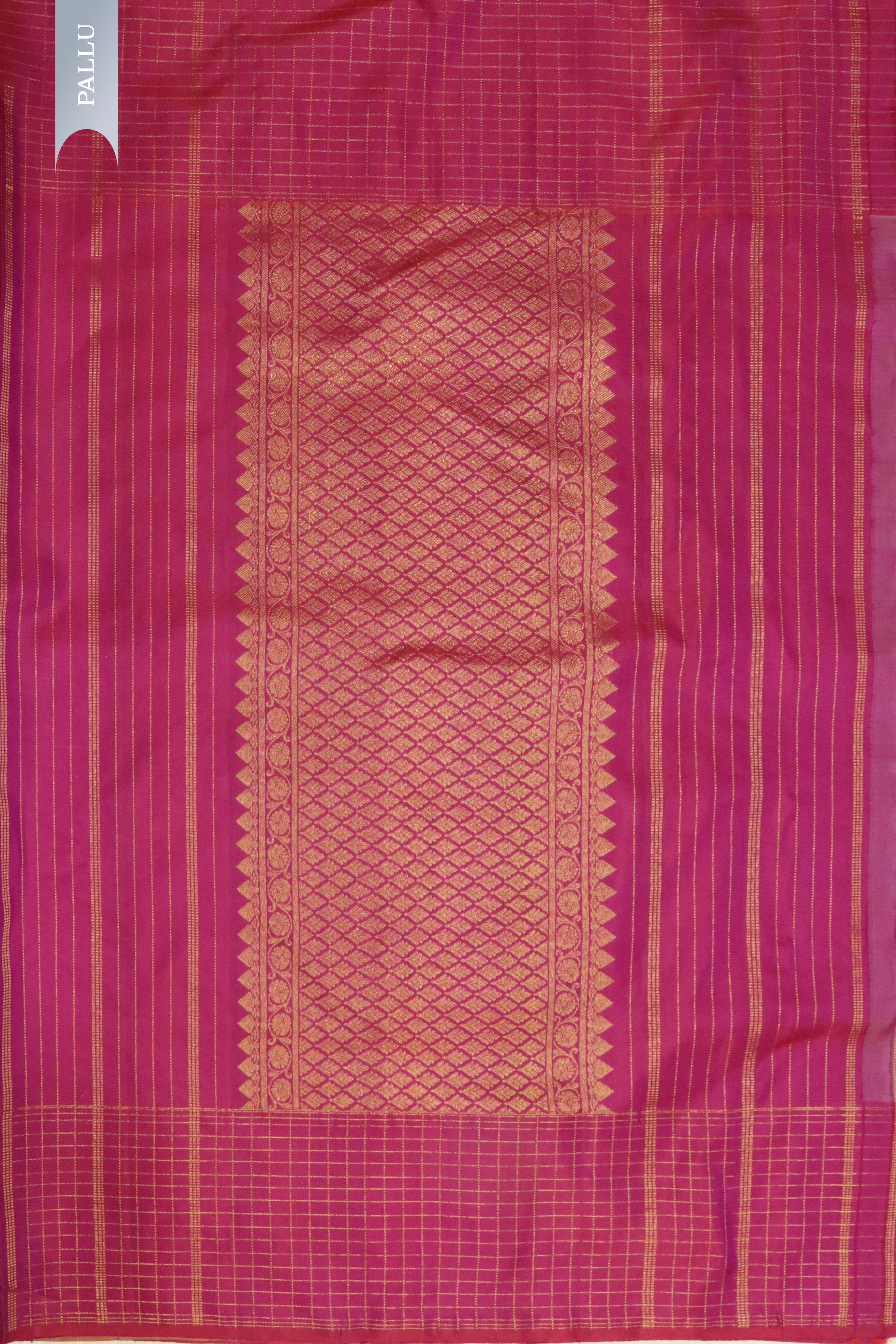Green with Pink Kanchipuram Silk Saree with Zari Vertical Lines, Motifs & Contrast Zari Checks Border - Mokshaa