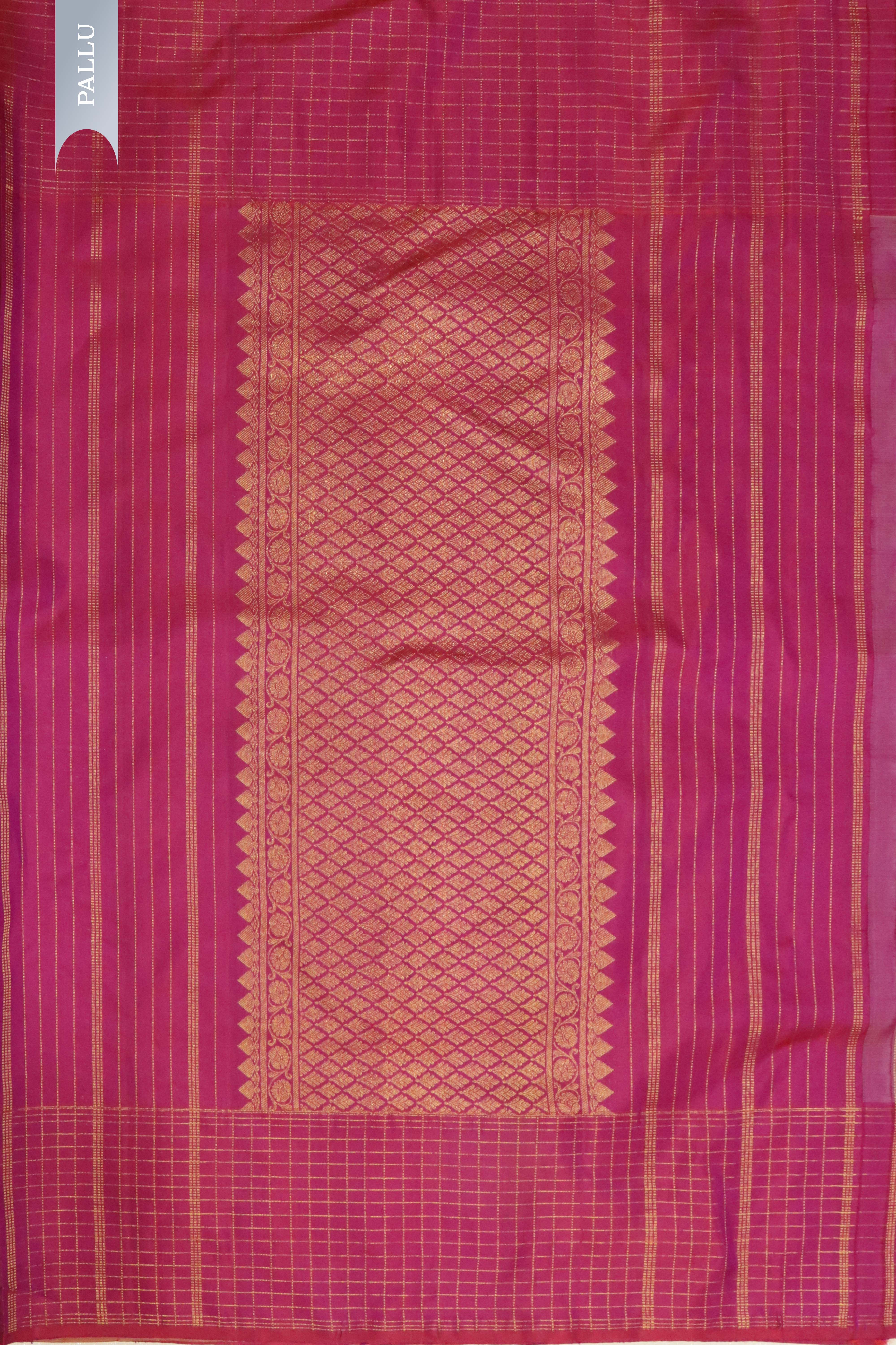 Green with Pink Kanchipuram Silk Saree with Zari Vertical Lines, Motifs & Contrast Zari Checks Border