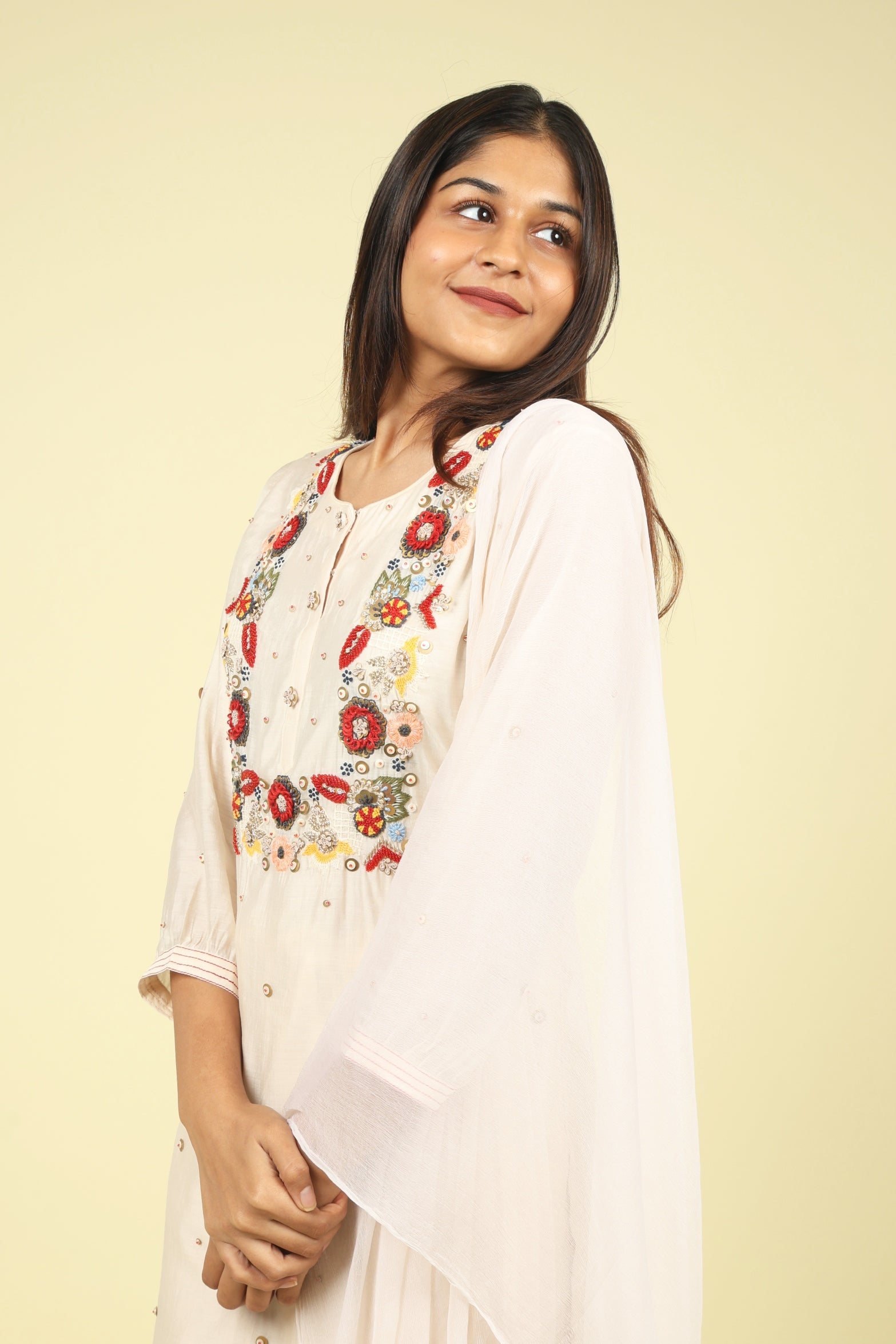 Cream Mul Chanderi Straight Cut Salwar Suit with Chiffon Dupatta