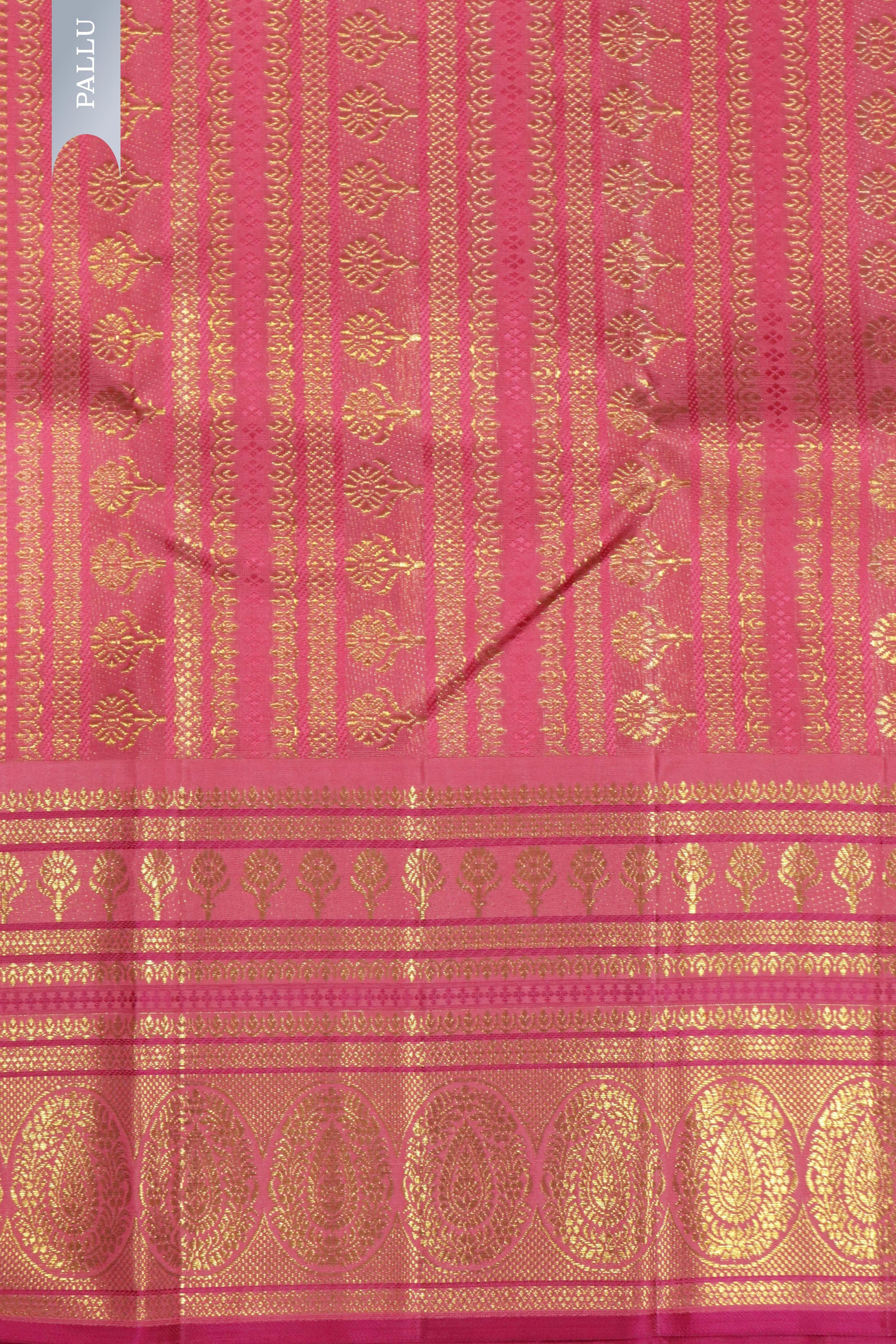 Yellow Kanchipuram Silk Saree with Zari Stripes, Motifs & Contrast Zari Border - Mokshaa