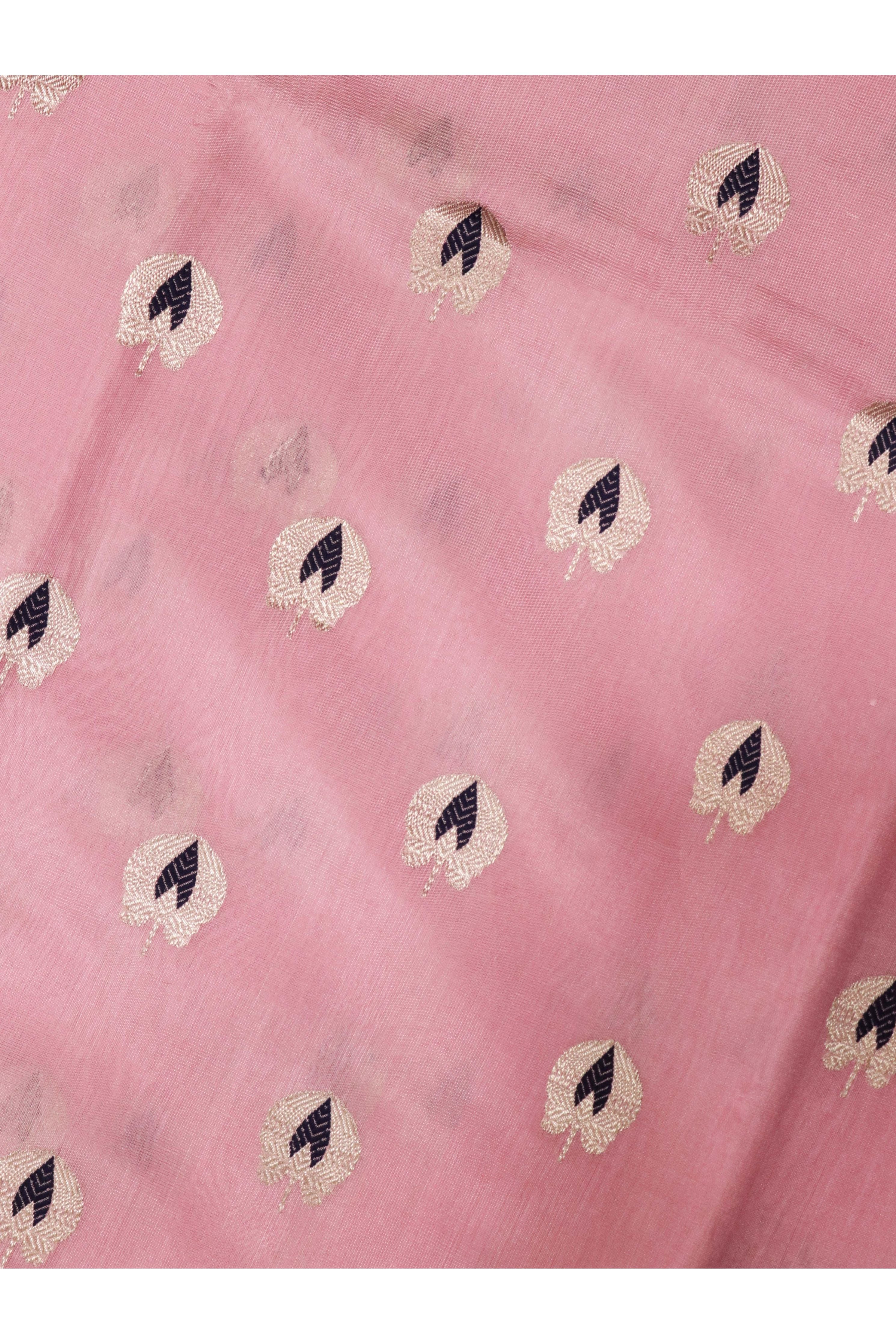 Baby Pink Banarasi Chanderi Silk Saree with Silver & Thread Motifs - Mokshaa