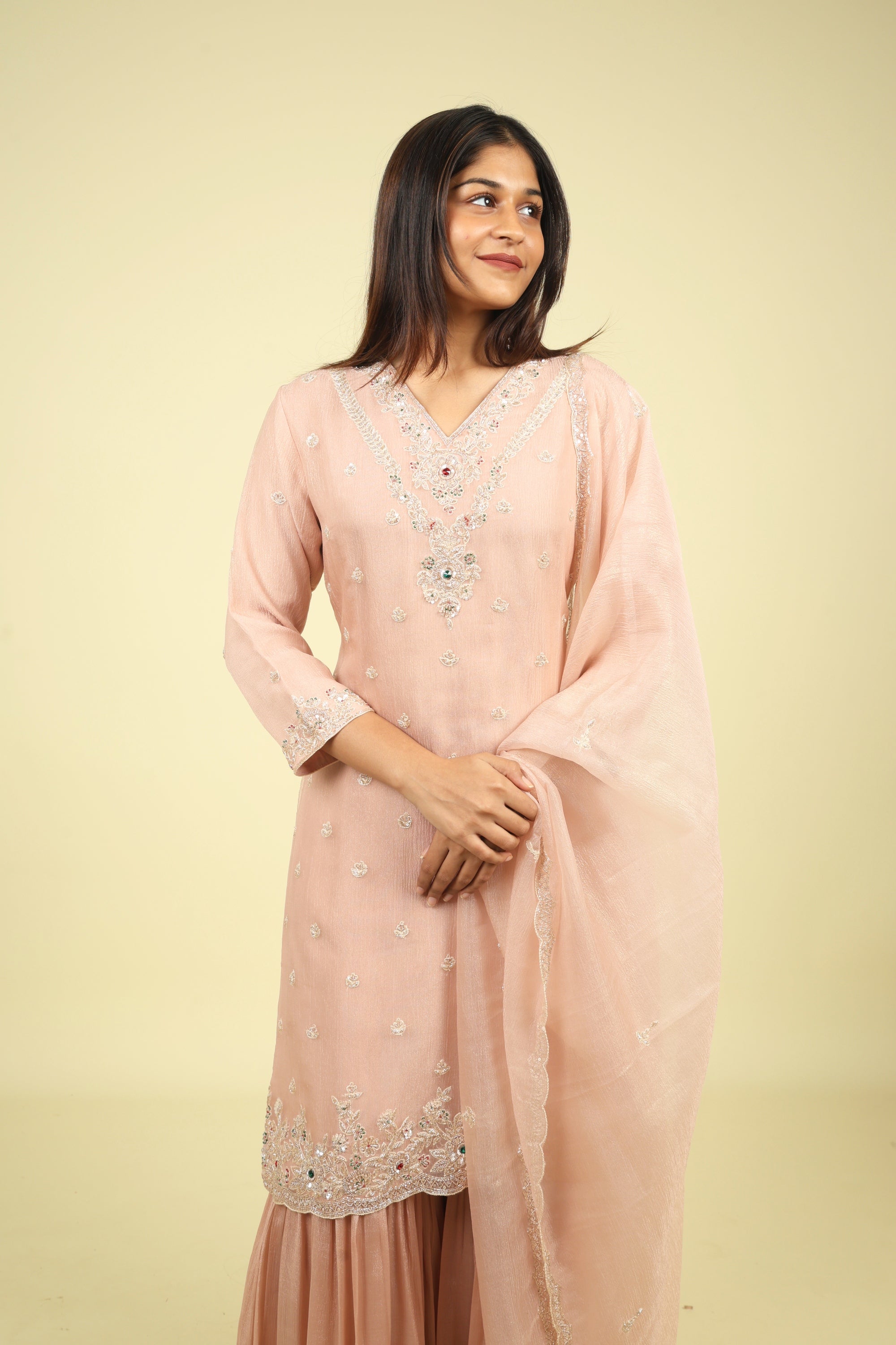 Blush Pink Crush Tissue Sharara Set with Pearl & Kutdana Embroidery