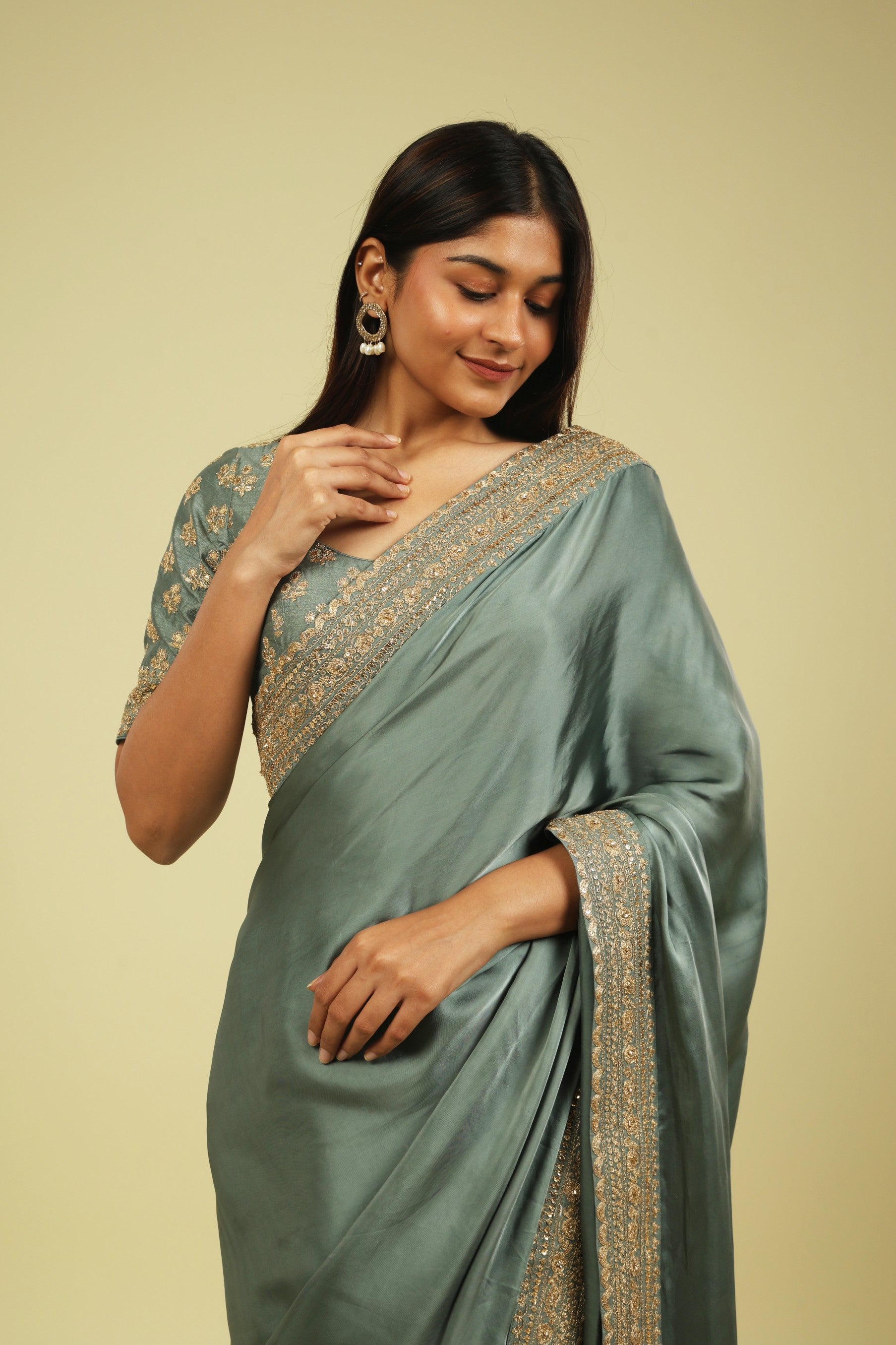 Powder Blue Satin Saree with Zari Thread Border & Zari Motif Blouse