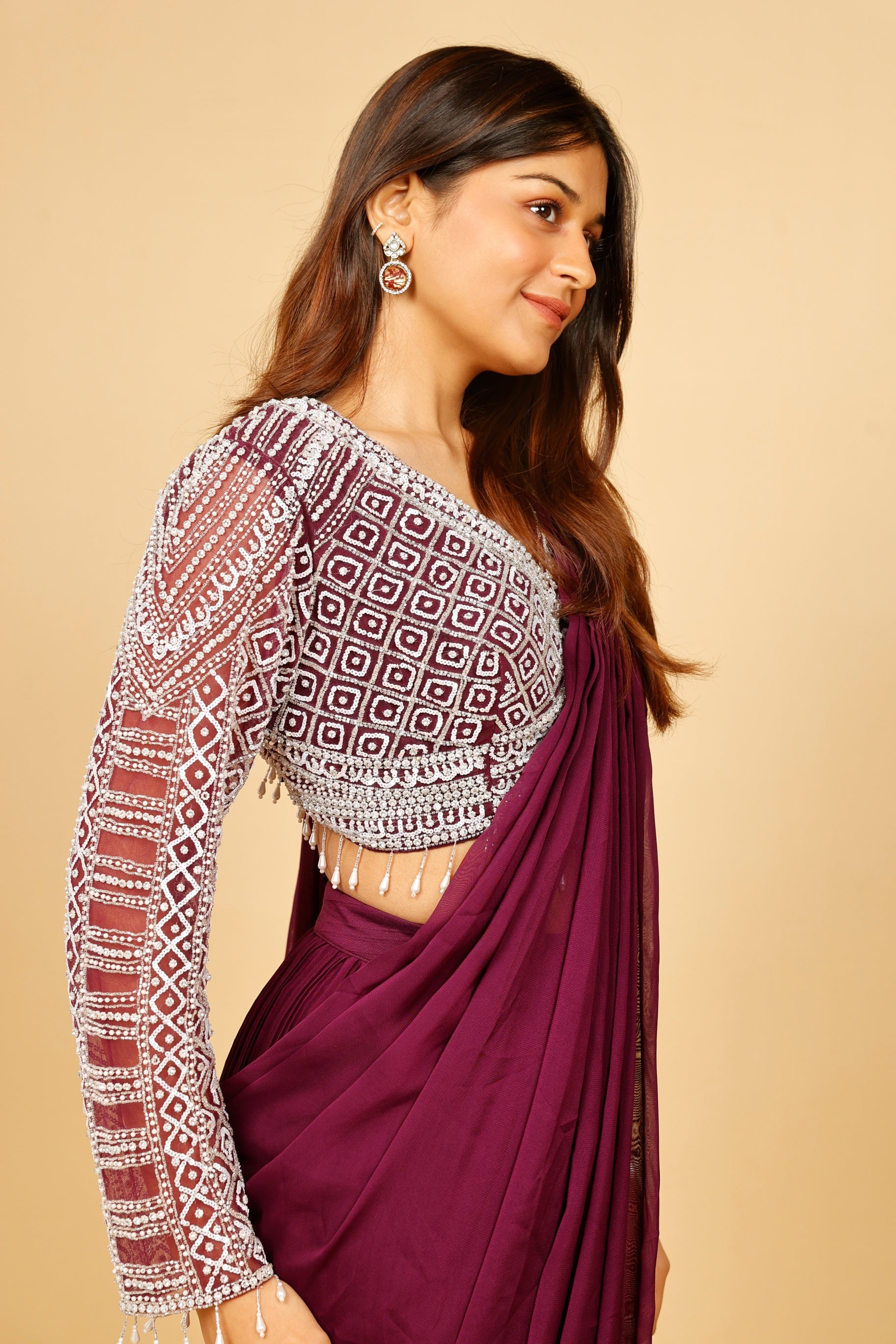 Plum Chinon Drape Saree with Sequin & Stone Embroidered Blouse
