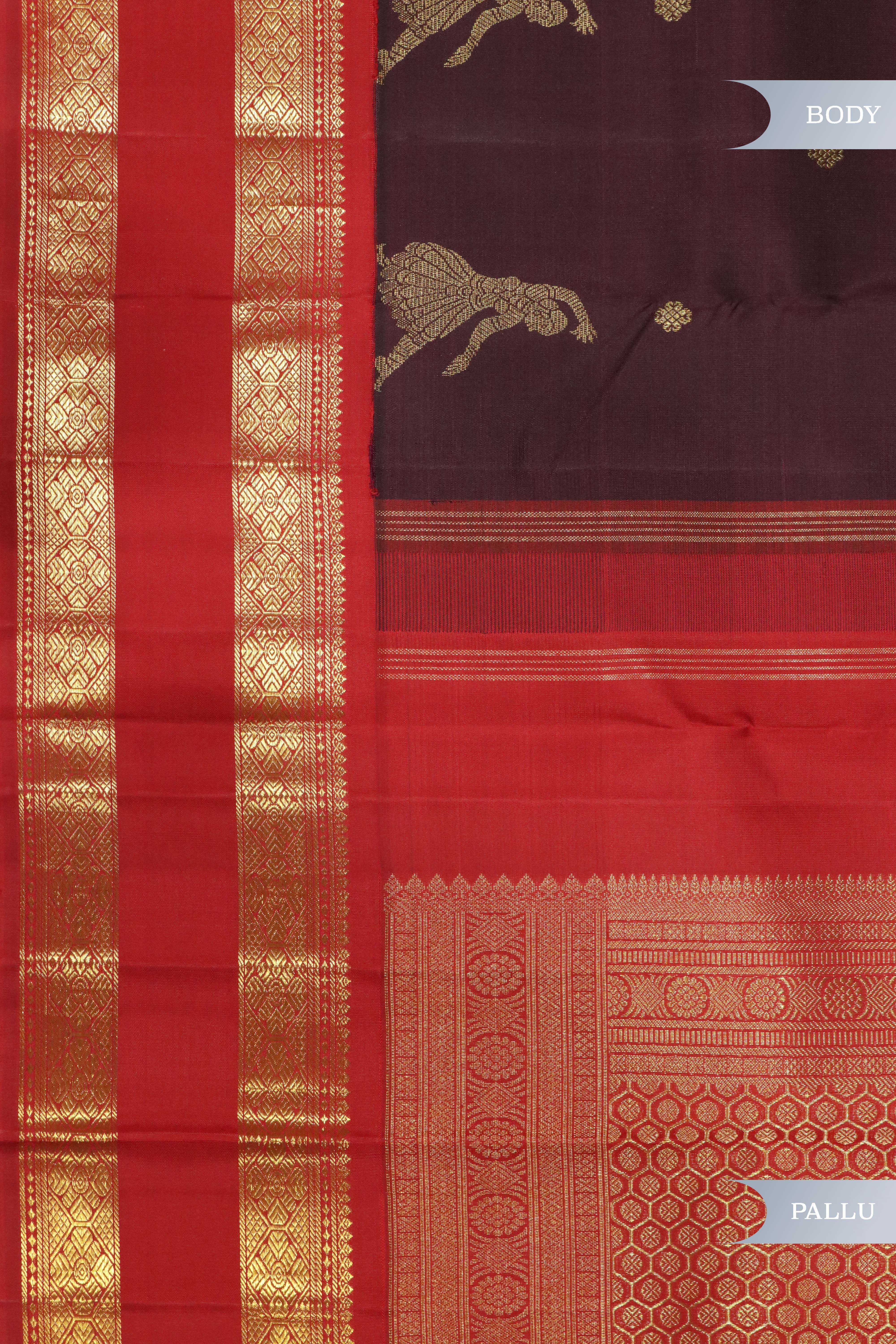 Chocolate Brown Kanchipuram Silk Saree with Motifs & Dancing Figurines and Contrast Zari Border