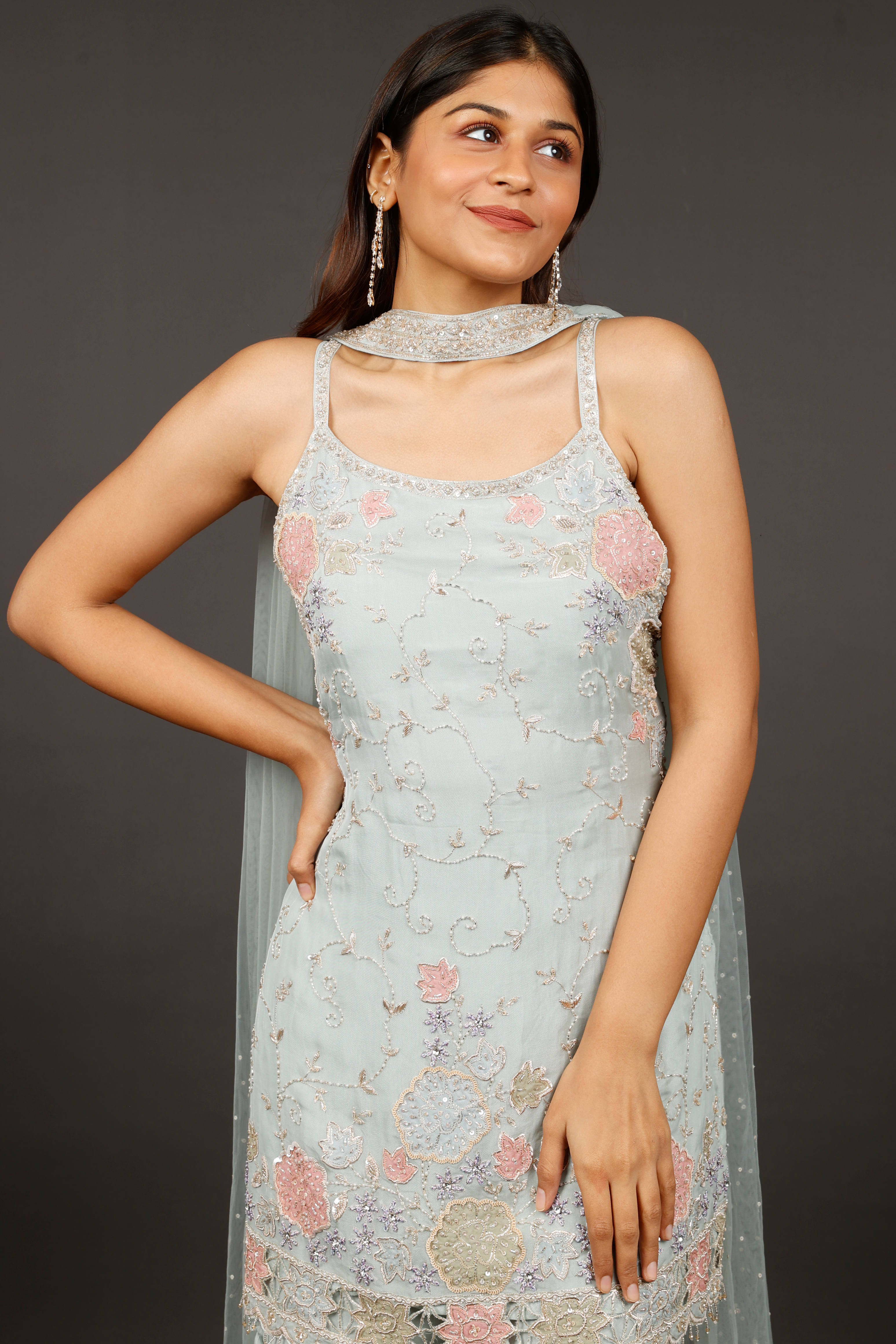 Light Blue Georgette Sharara Set with Shadow, Zari, Pearl, Cutdana & Sequin Embroidery