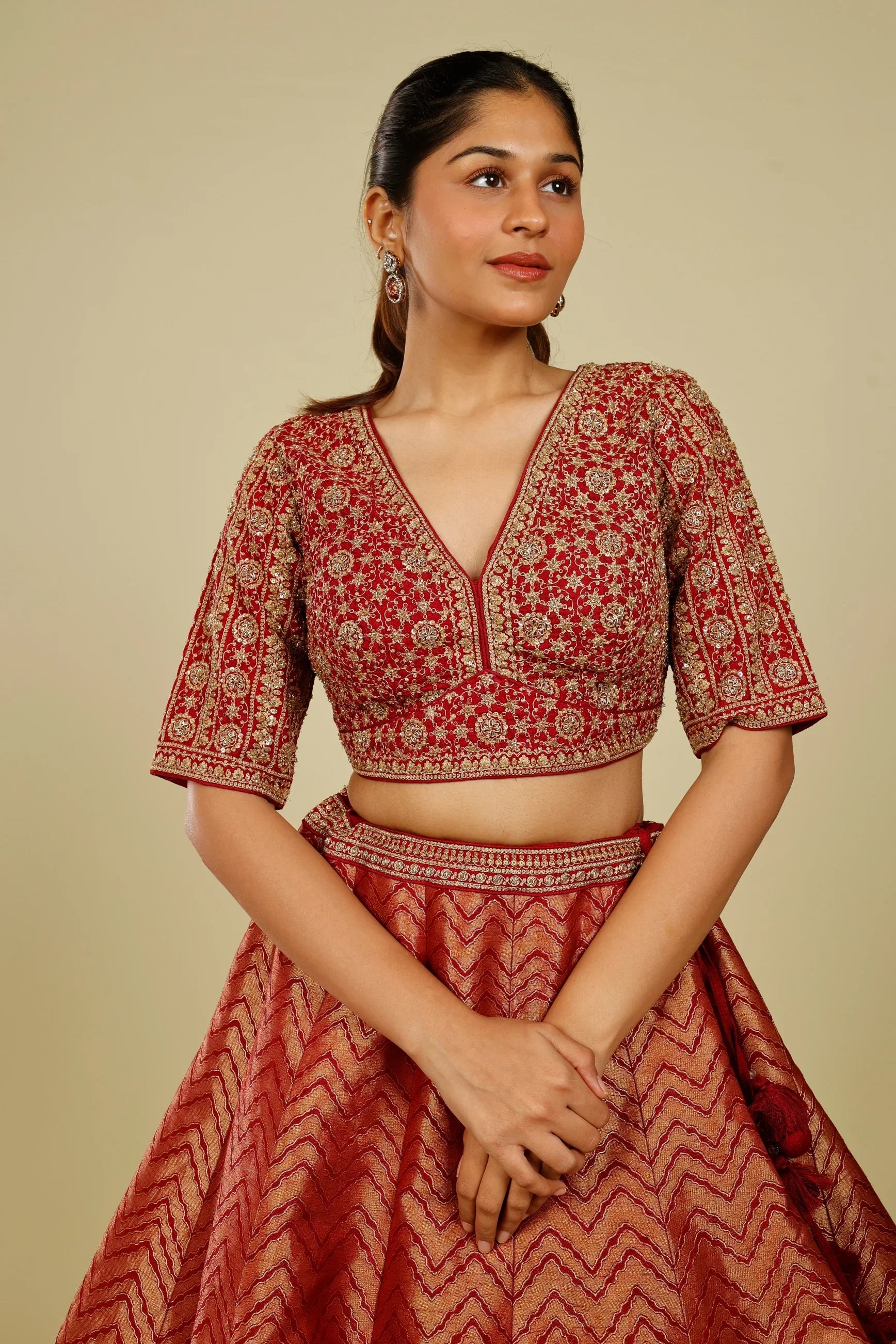 Maroon Banarasi Lehenga Set with Zari, French Knot & Cutdana Embroidery | Mokshaa