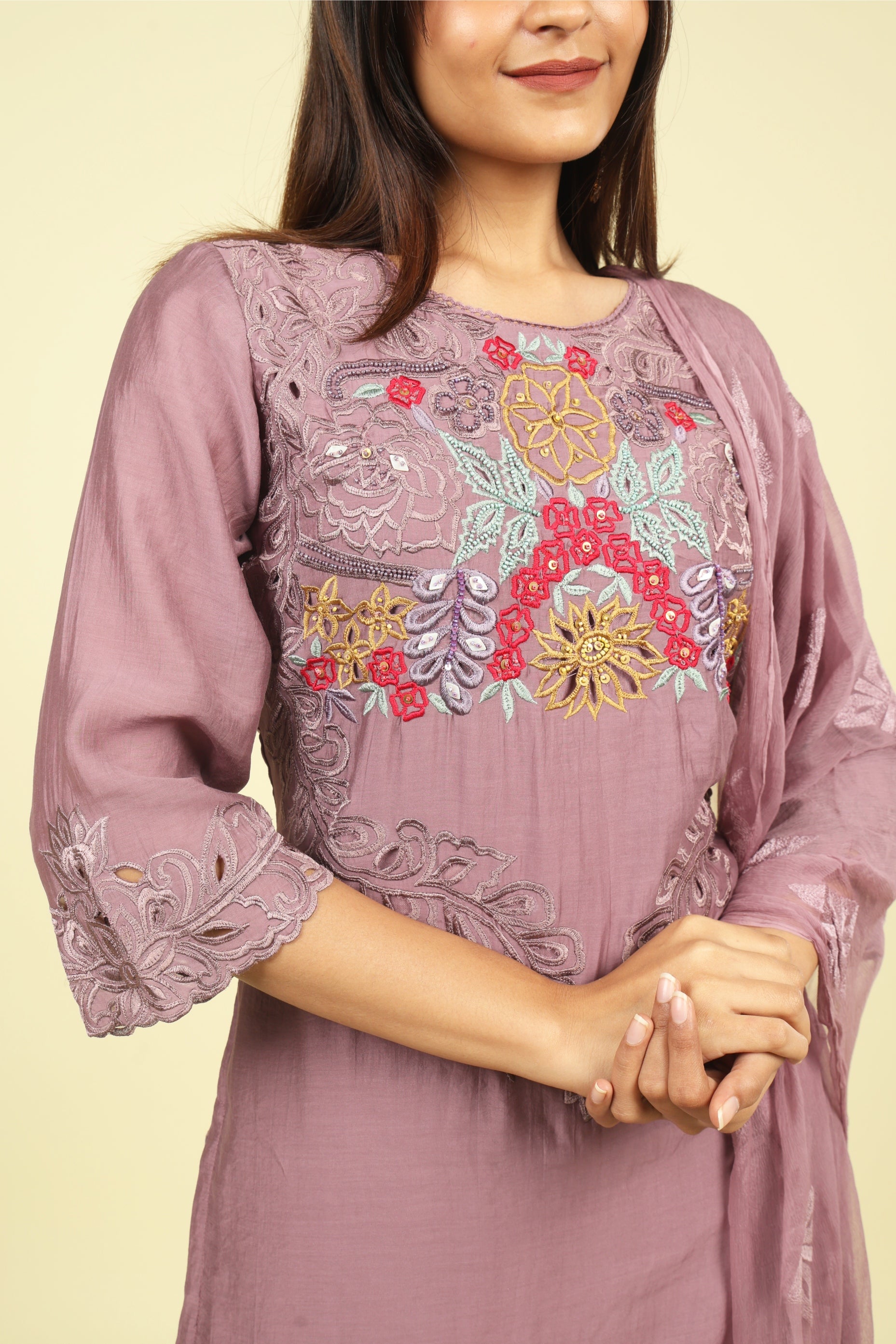 Dark Lavender Mul Chanderi Embroidered Straight Cut Salwar Suit