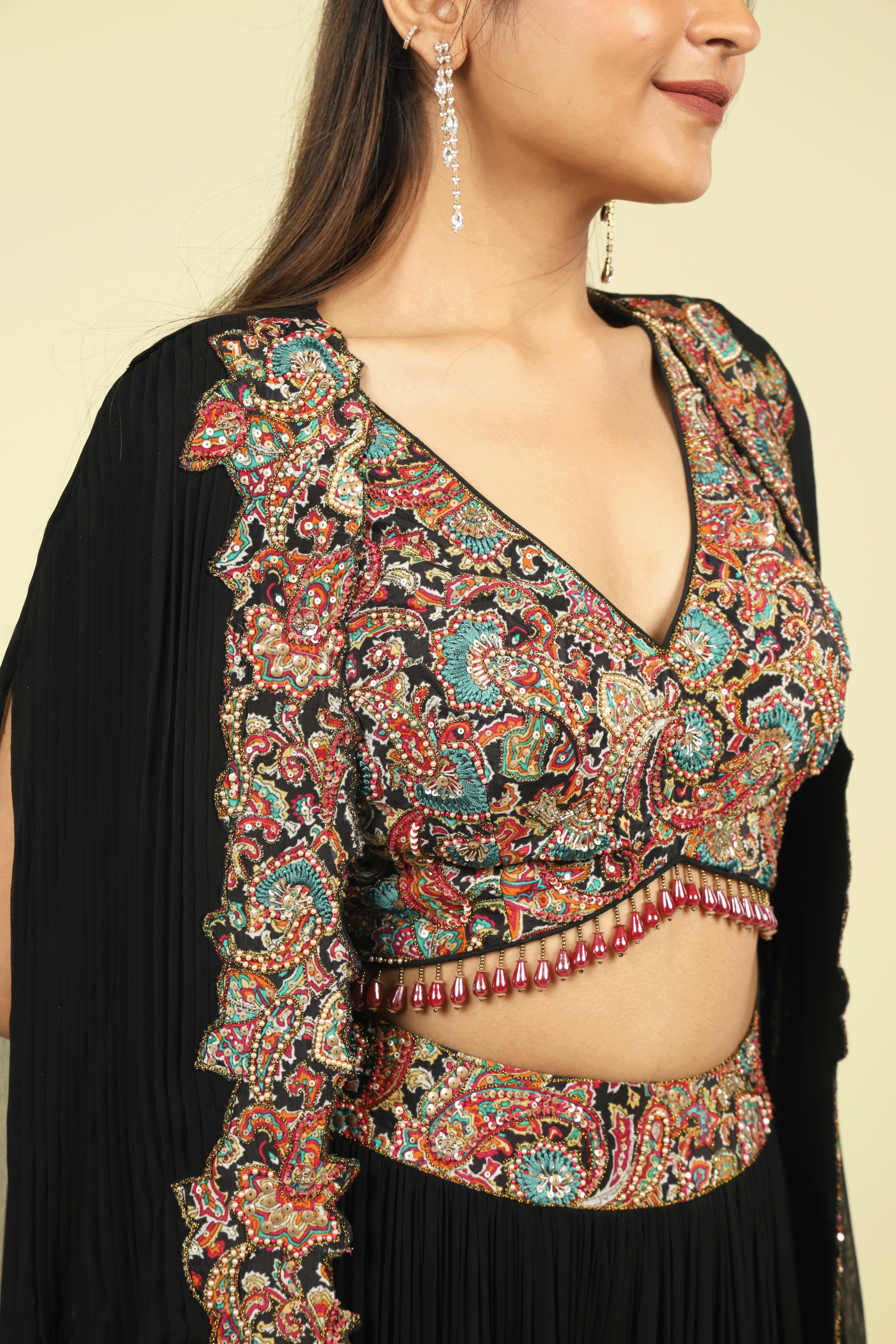 Black Georgette Crop Top Palazzo Set with Embroidered Cape