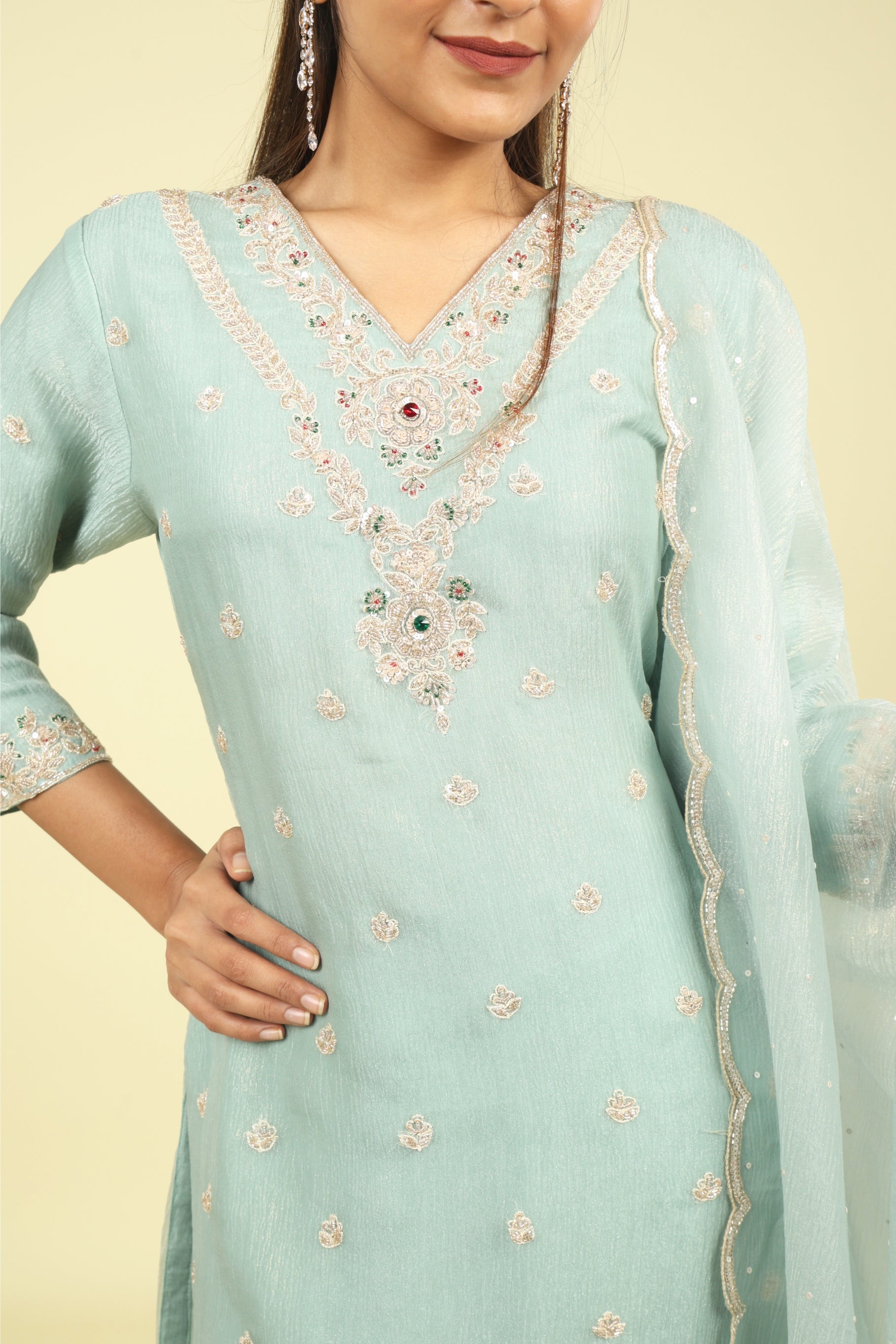 Light Blue Crush Tissue Sharara Set with Cutdana & Pearl Embroidery - Mokshaa