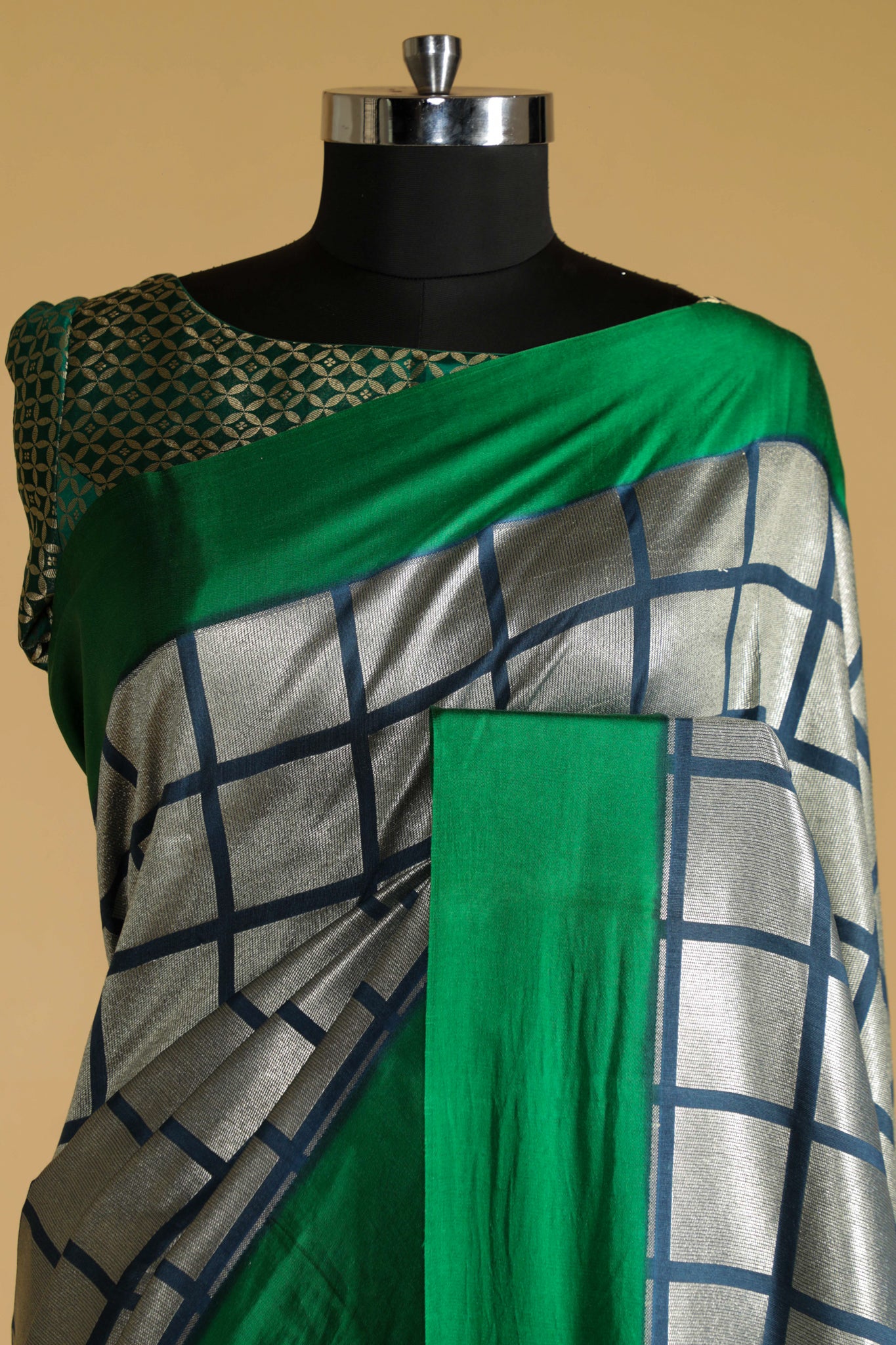 Ash Blue Handloom Silk Saree with Silver Zari Geometric Weaving