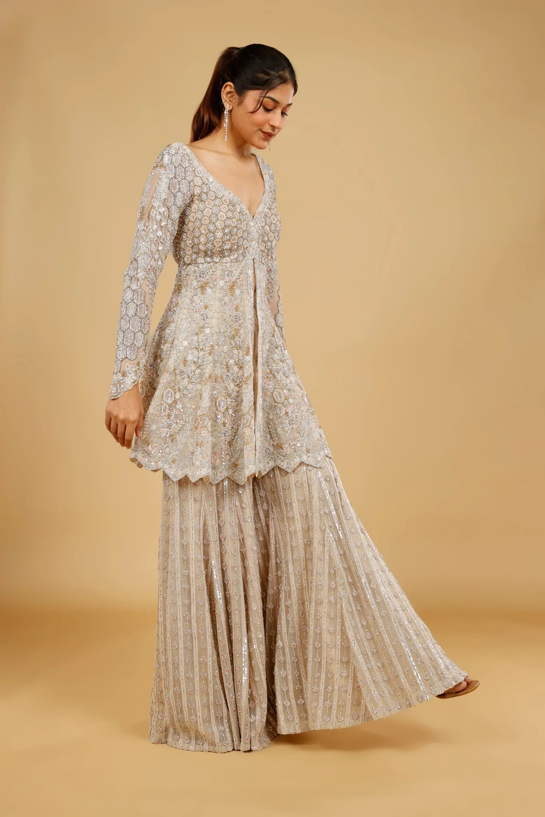 Ivory Net Sharara Set with Stone, Kundan & Sequin Embroidery