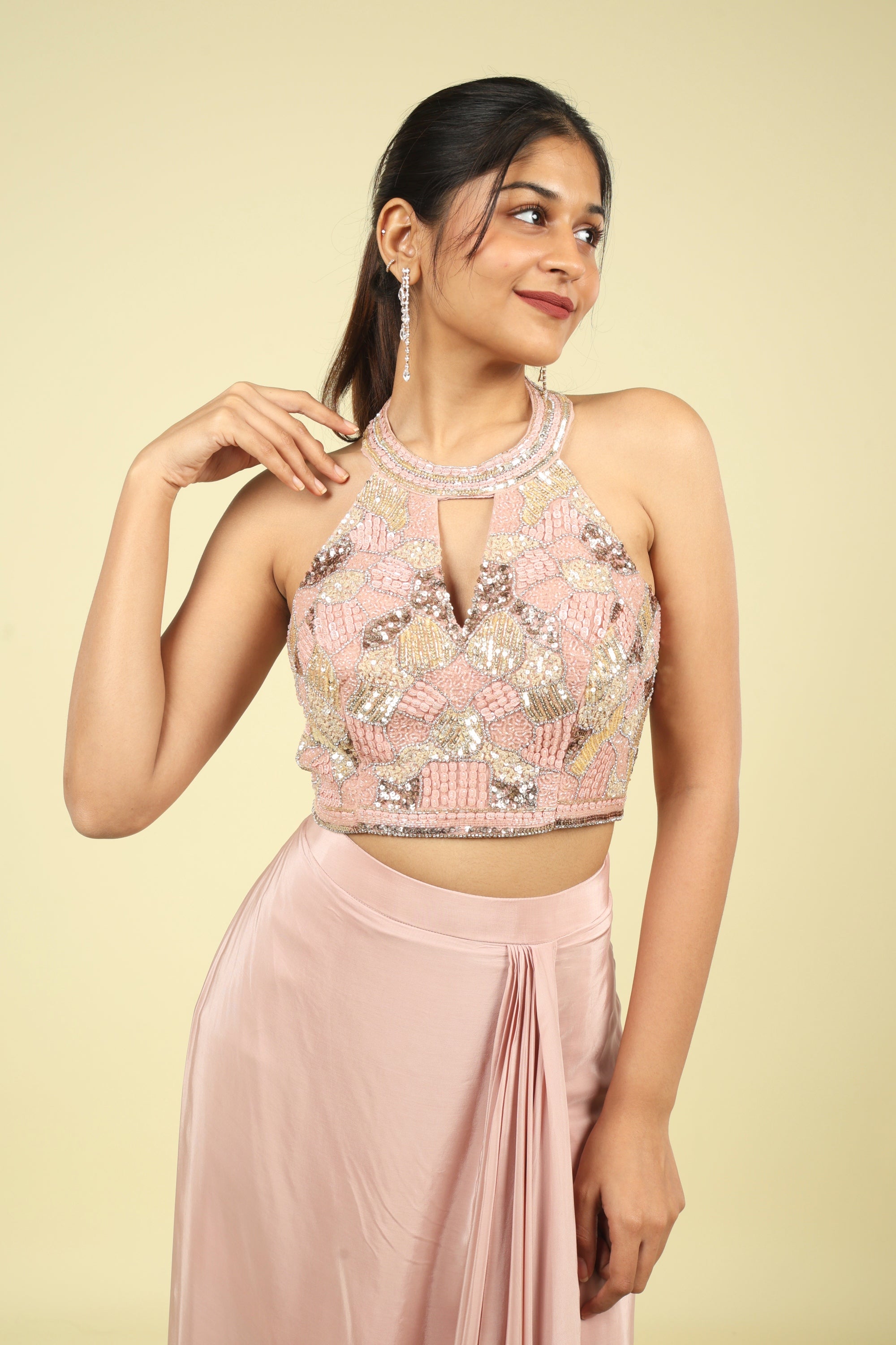 Blush Pink Halter Neck Embellished Drape Skirt Set