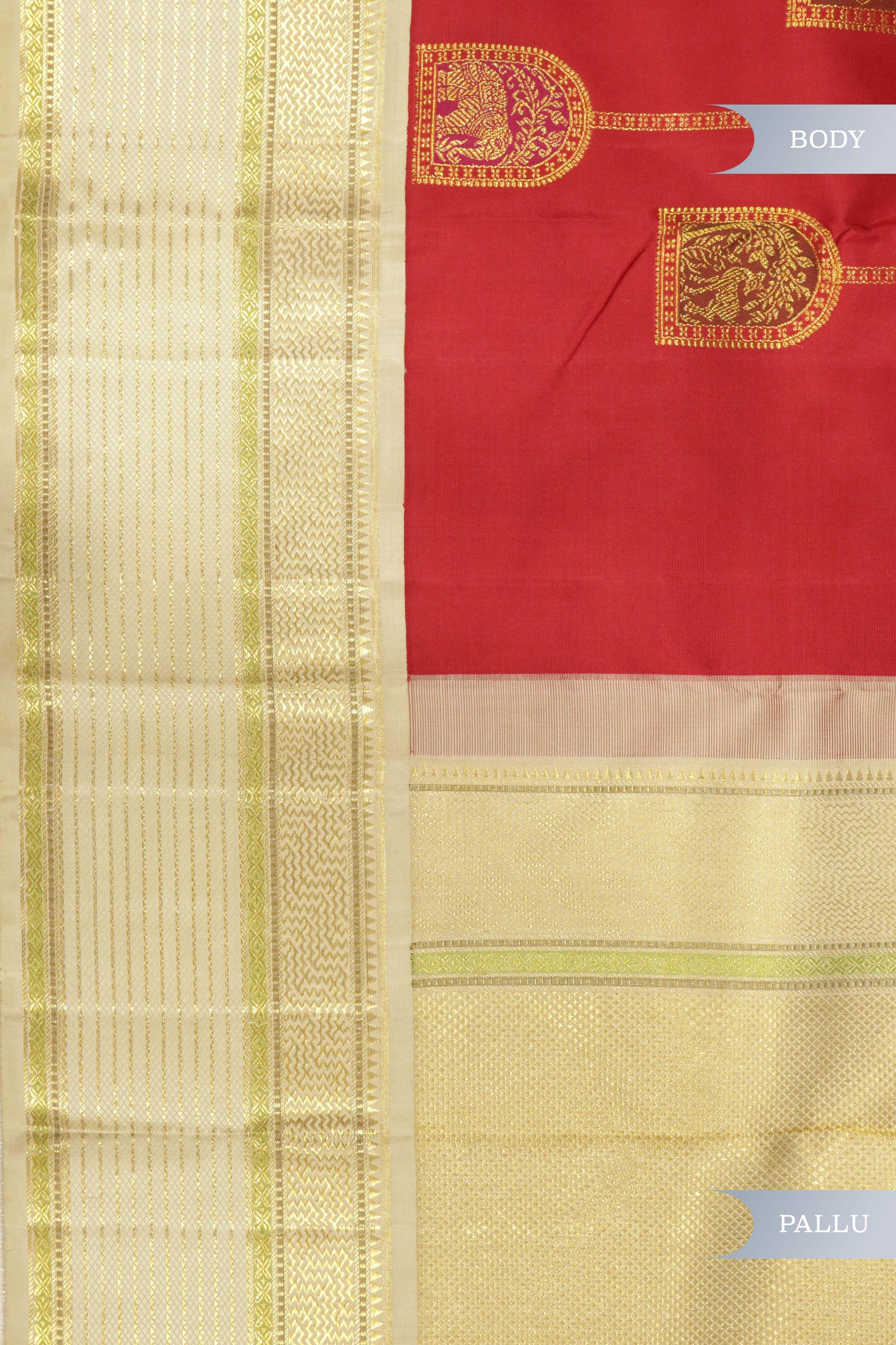 Maroon Kanchipuram Silk Saree with Zari Stripes, Motifs & Contrast Zari Border - Mokshaa