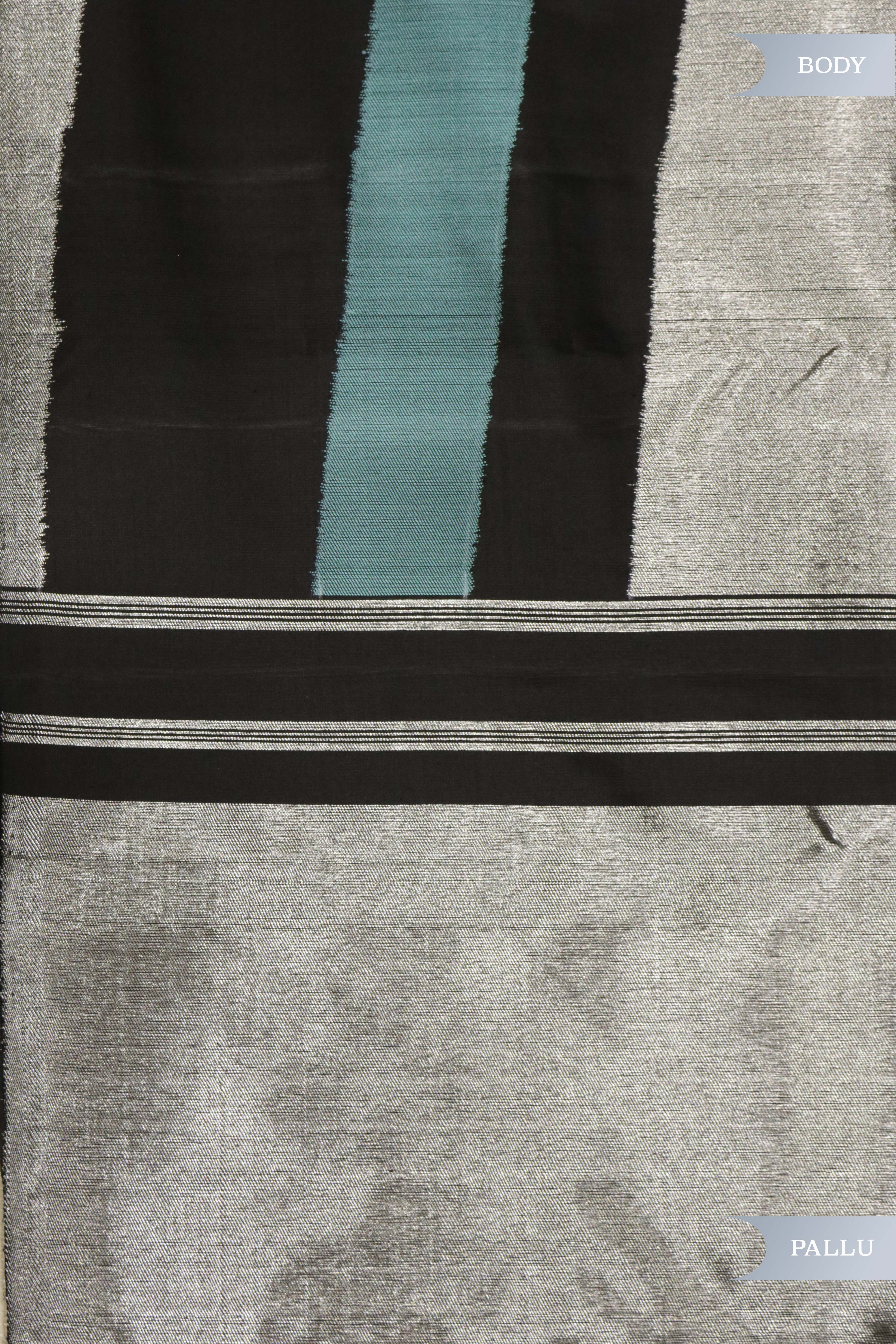 Black Kanchipuram Silk Saree with Silver & Blue Thread Striped Weaving