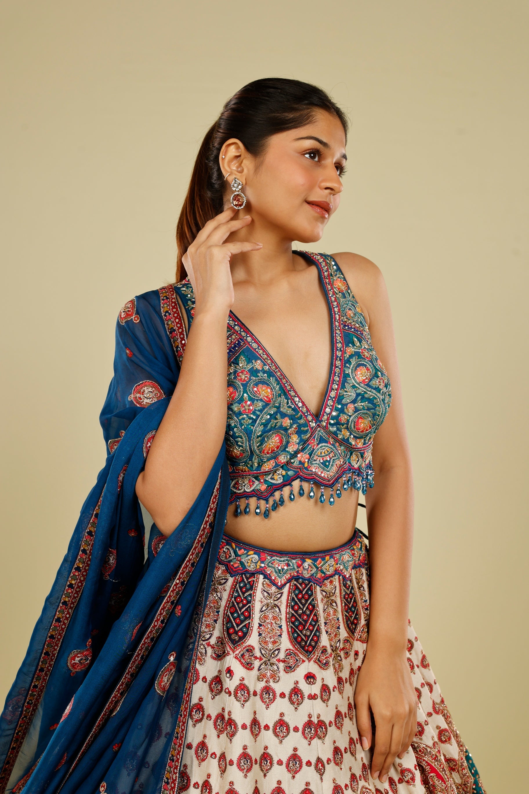 Blue Multicolour Printed Silk Lehenga Set with Zari, Sequin & Cutdana Highlights | Mokshaa
