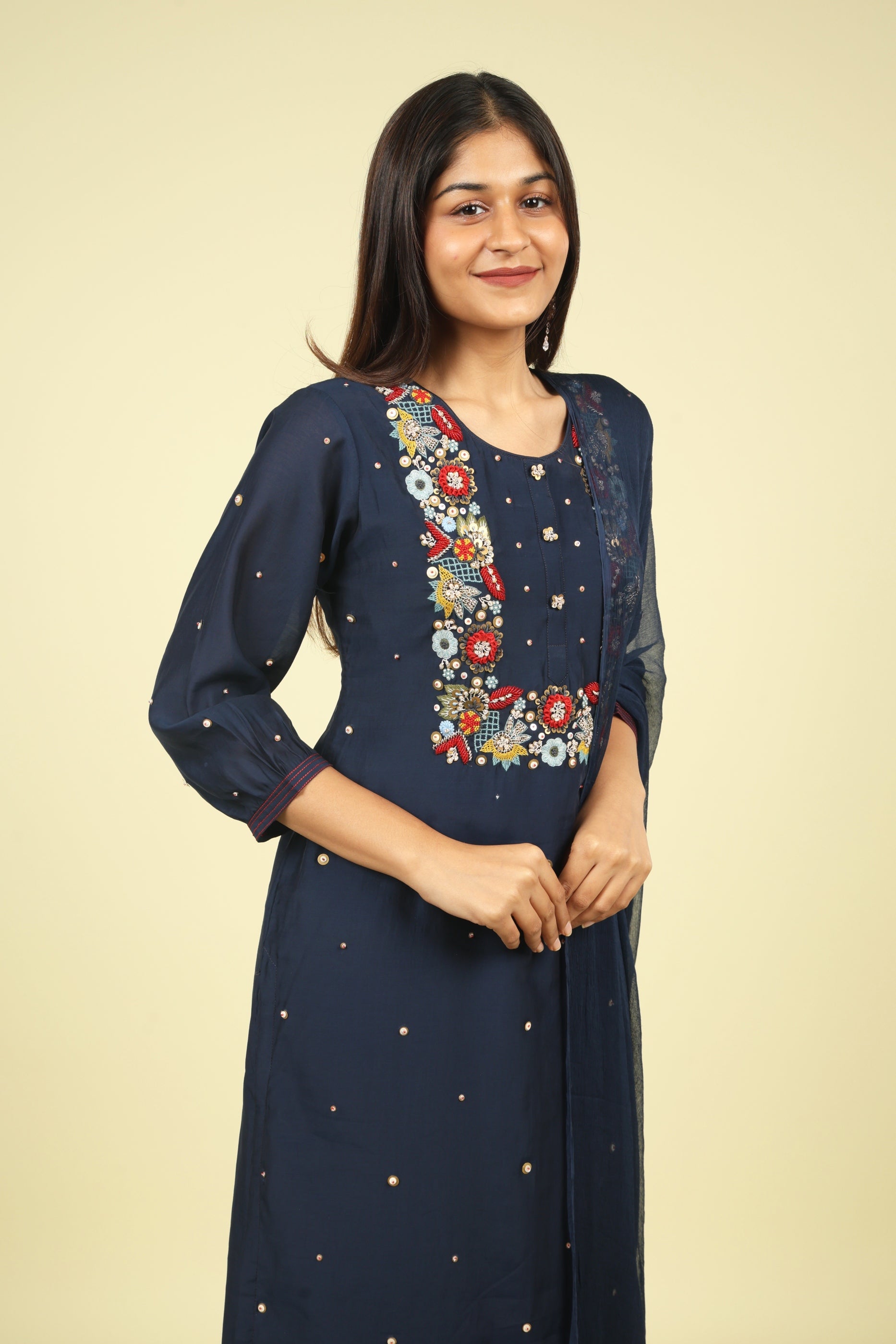 Navy Embroidered Mul Chanderi Salwar Suit