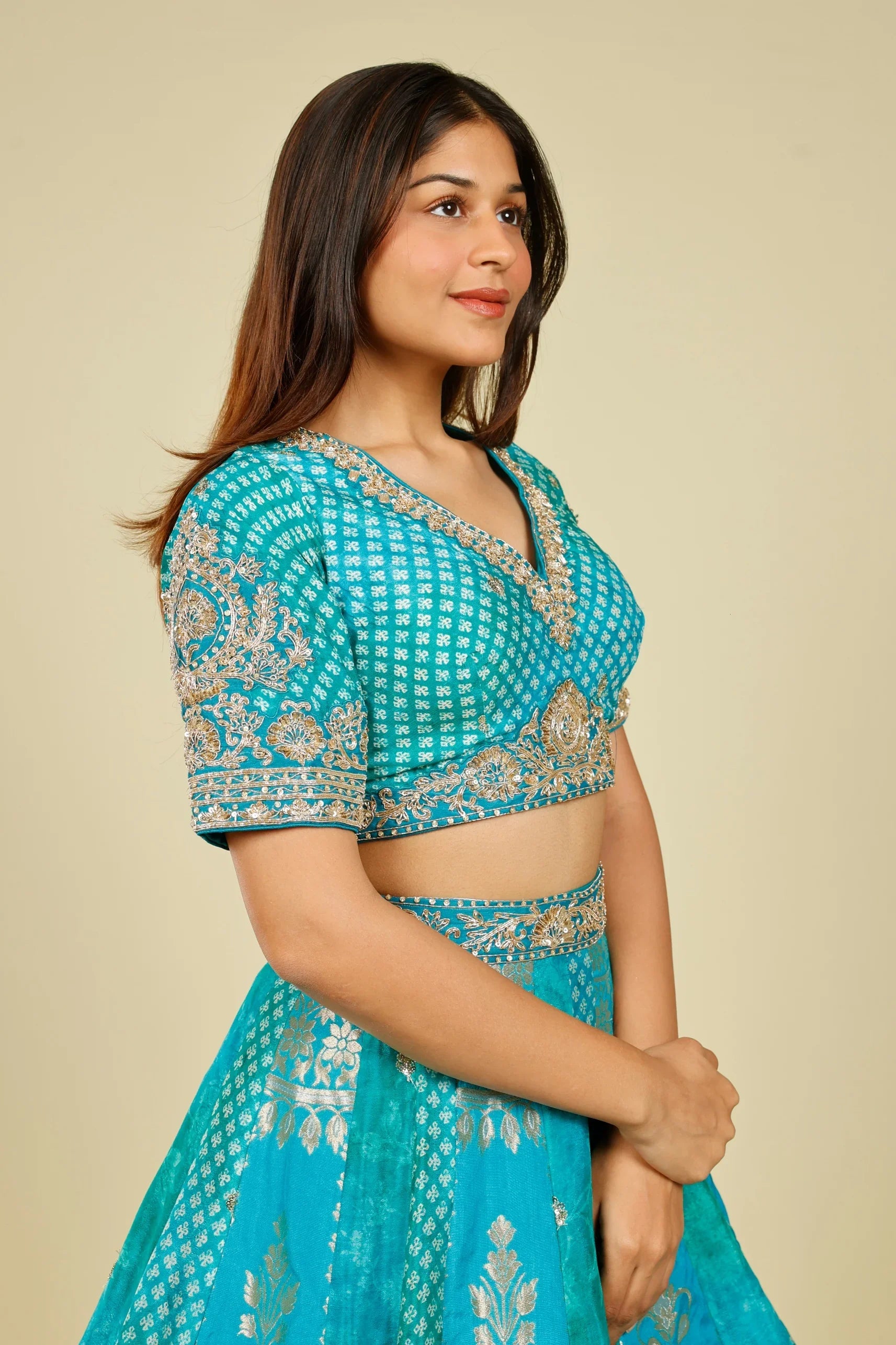 Teal Banarasi Printed Lehenga Set with Zari, Zardozi & Sequin Embroidery | Mokshaa