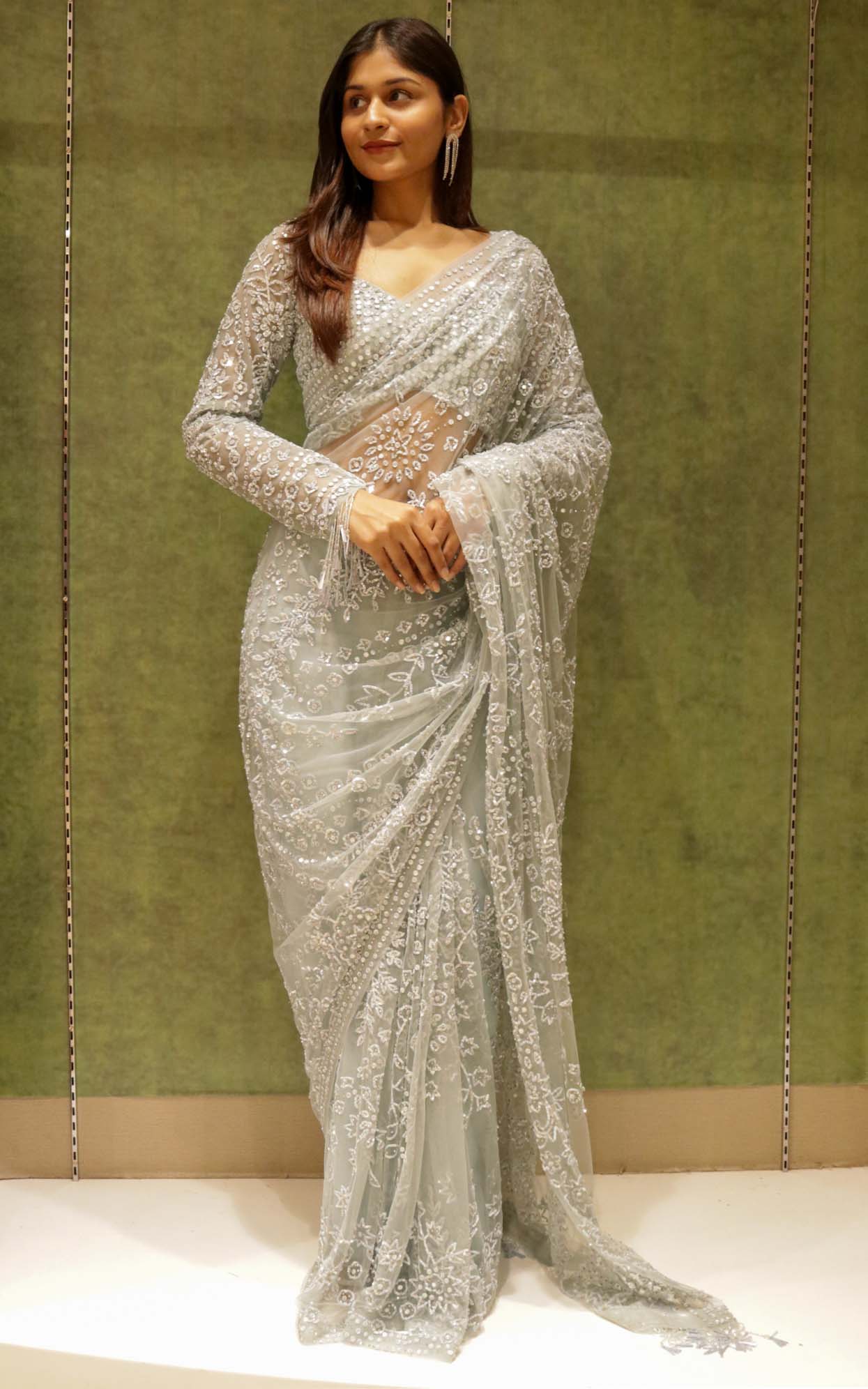 Ice Blue Net Saree with All-Over Sequins & Stone Work