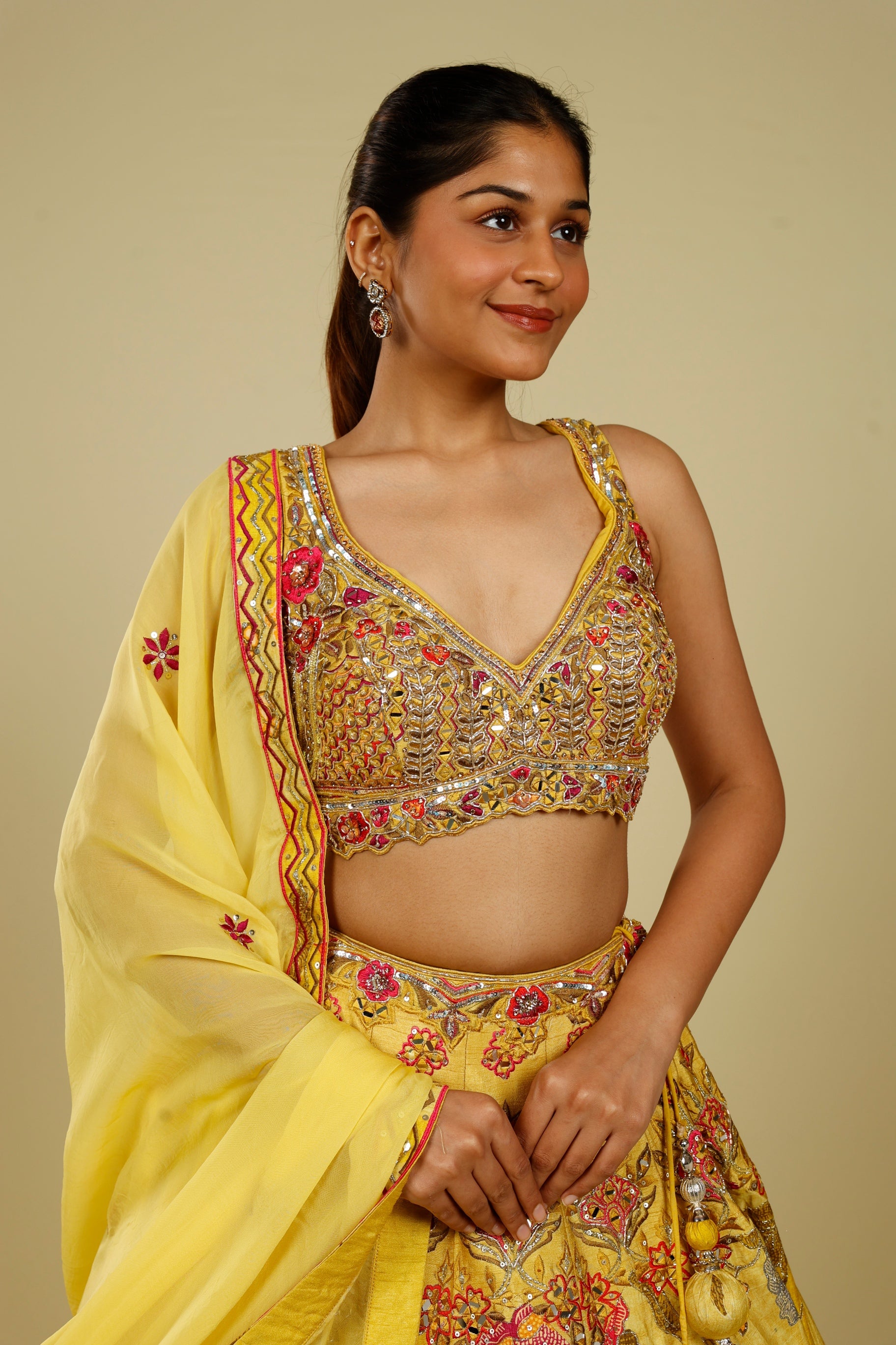 Yellow Silk Printed Lehenga Set with Thread, Mirror & Zari Embroidery | Mokshaa