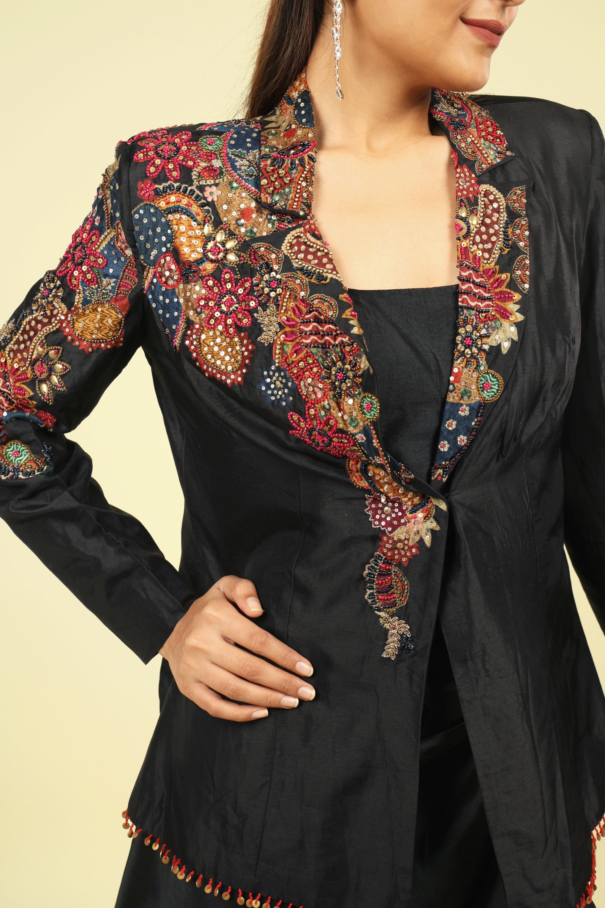 Black Silk Blazer & Draped Skirt Set with Pearl & Sequin Embroidery
