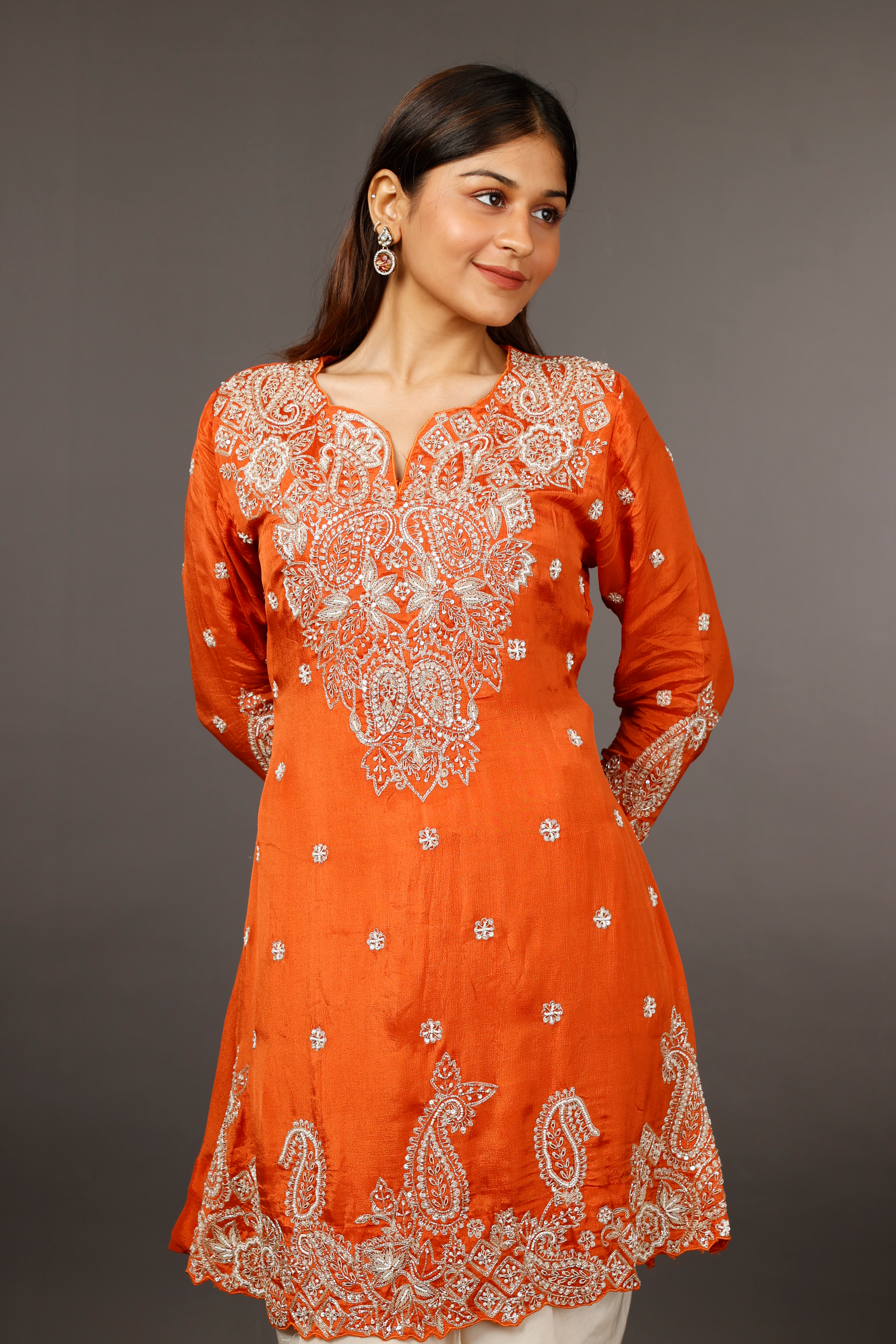 Rust Chinon Silk Indo-Western Kurta with Cream Dhoti Pants