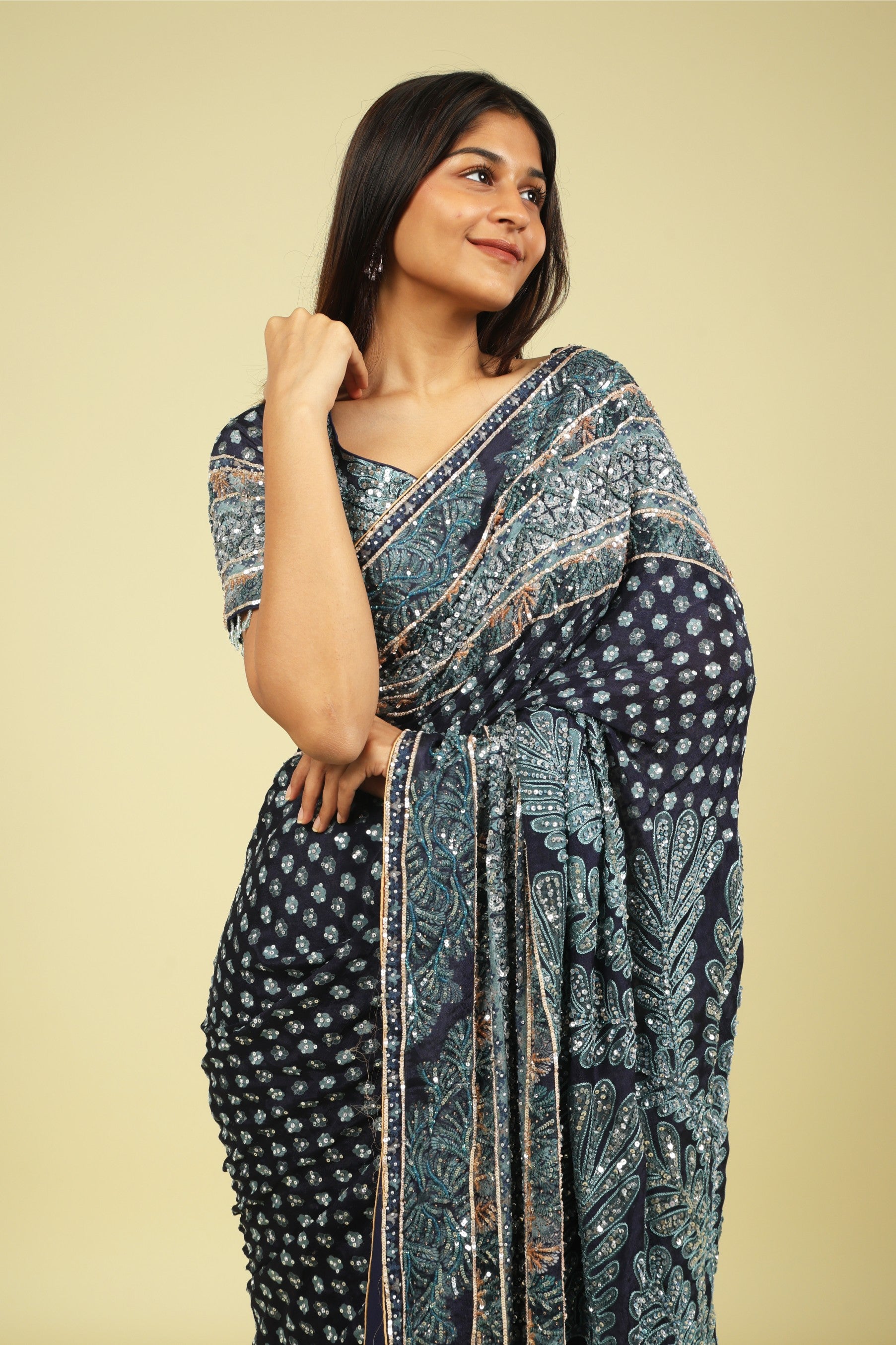 Dark Blue Soft Georgette Saree with All-Over Fancy Sequin Highlights