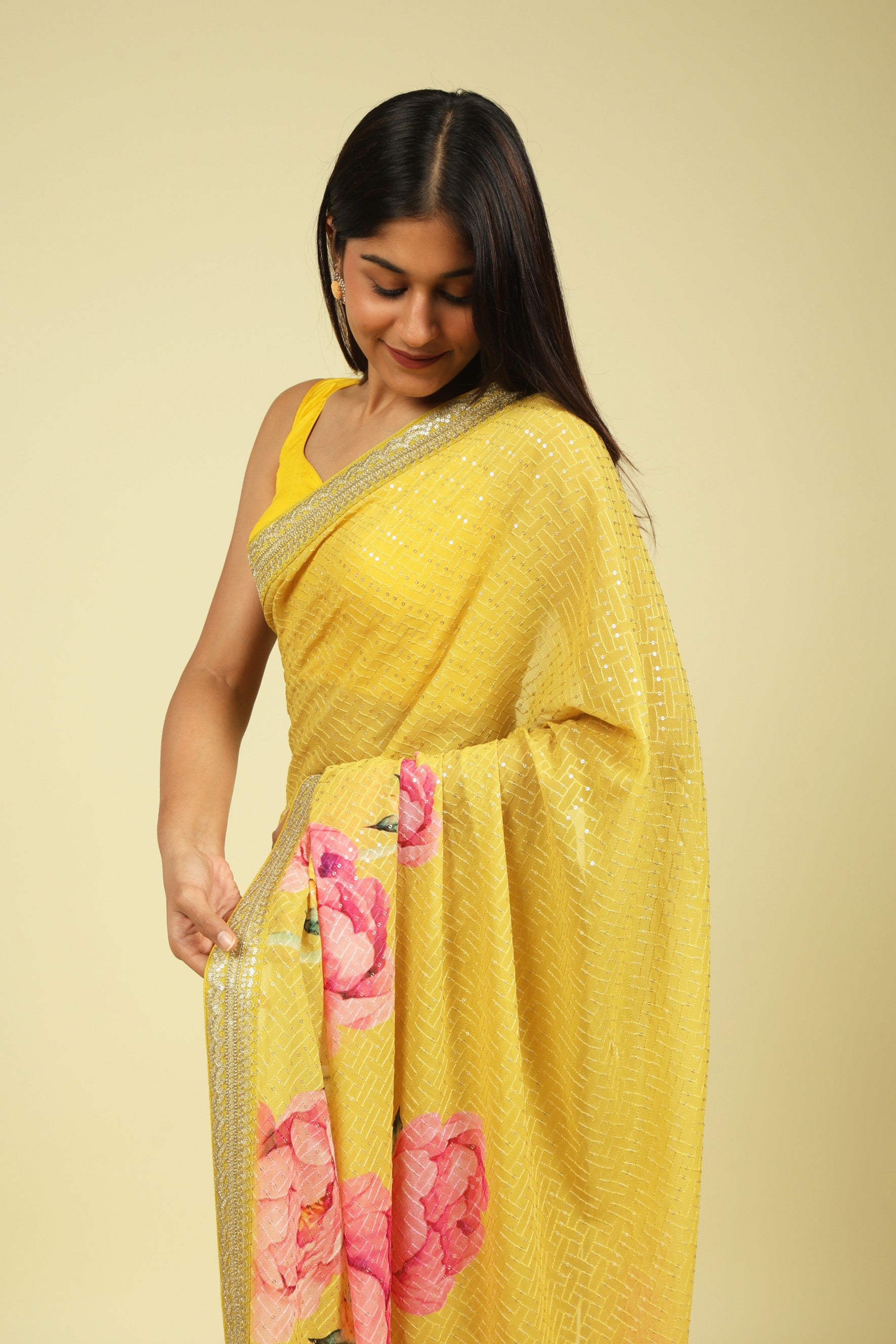 Lime Yellow Georgette Saree with Thread & Sequin Work and Digital Print Border