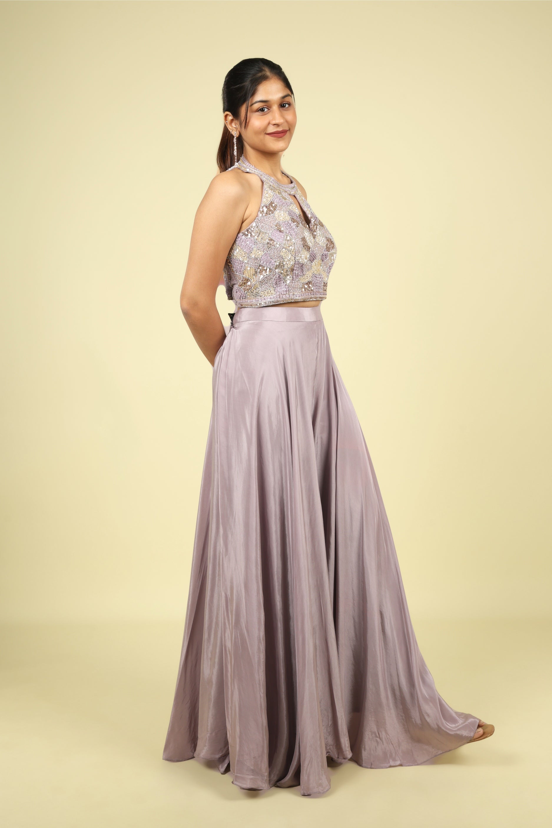 Lavender Embroidered Crepe Halter Palazzo Set