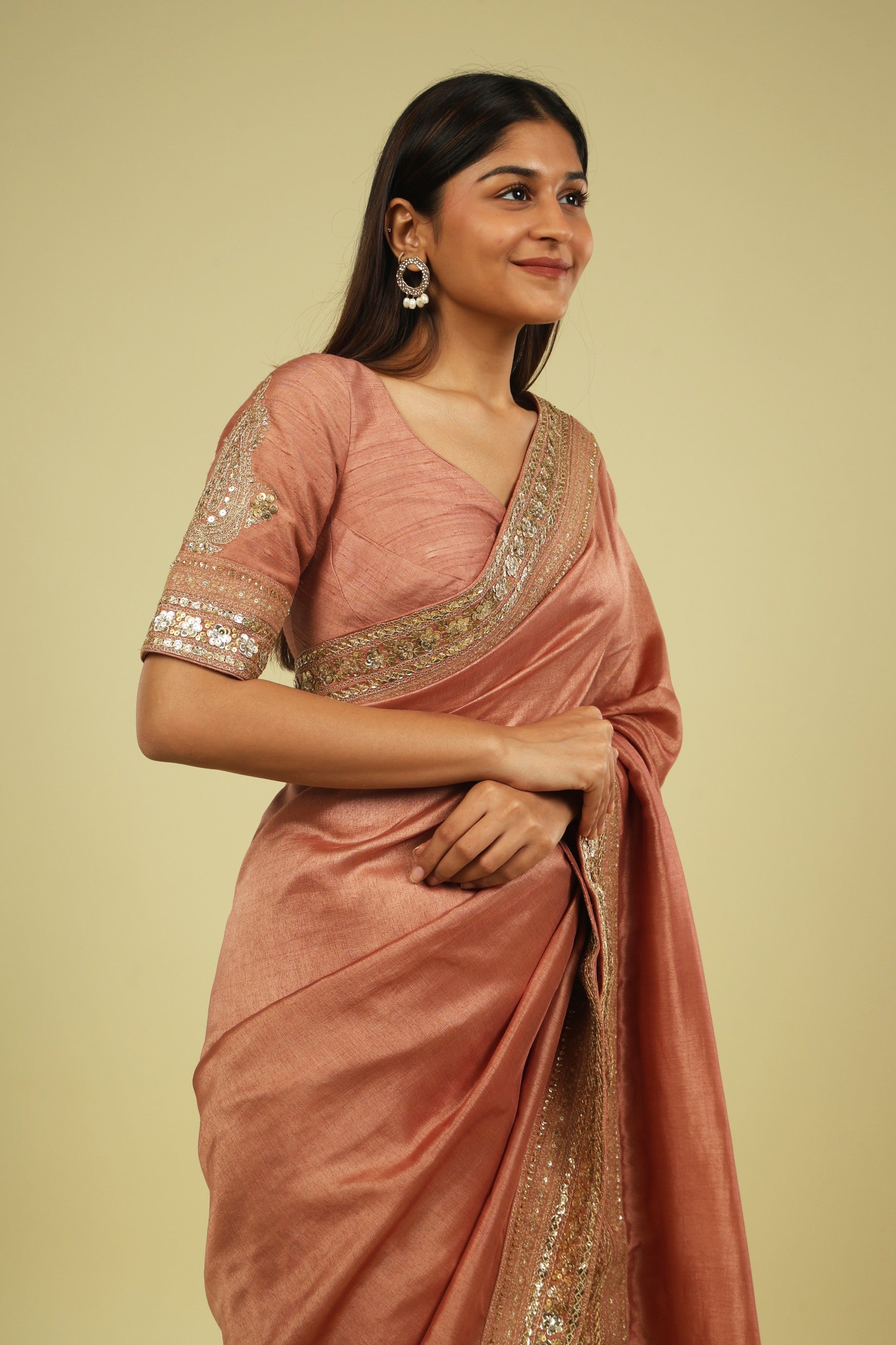 Rust Peach Tussar Georgette Saree with Zari Thread & Sequin Border