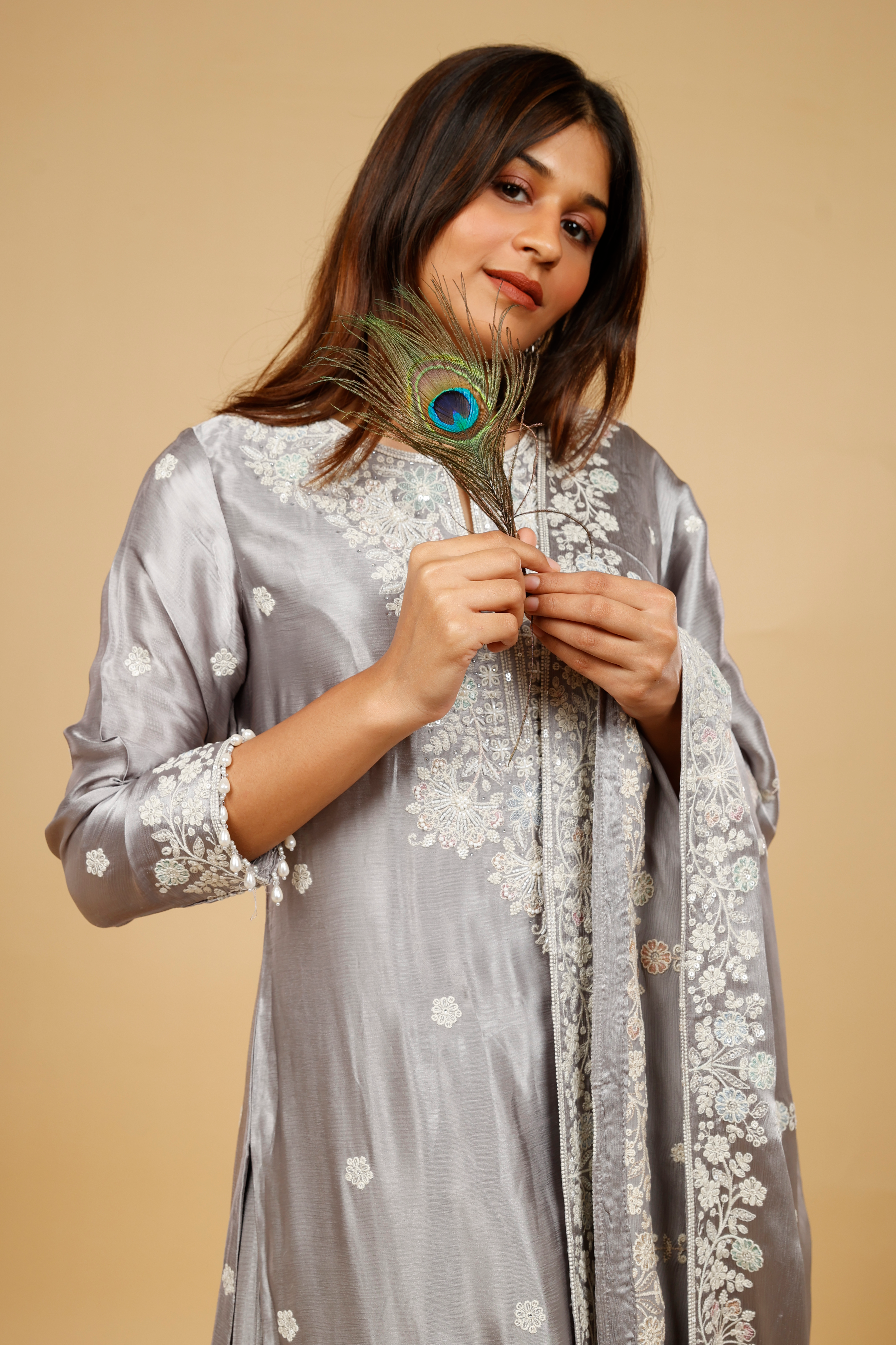 Silver Grey Chinon Silk Sharara Set with Thread, Pearl & Sequin Embroidery