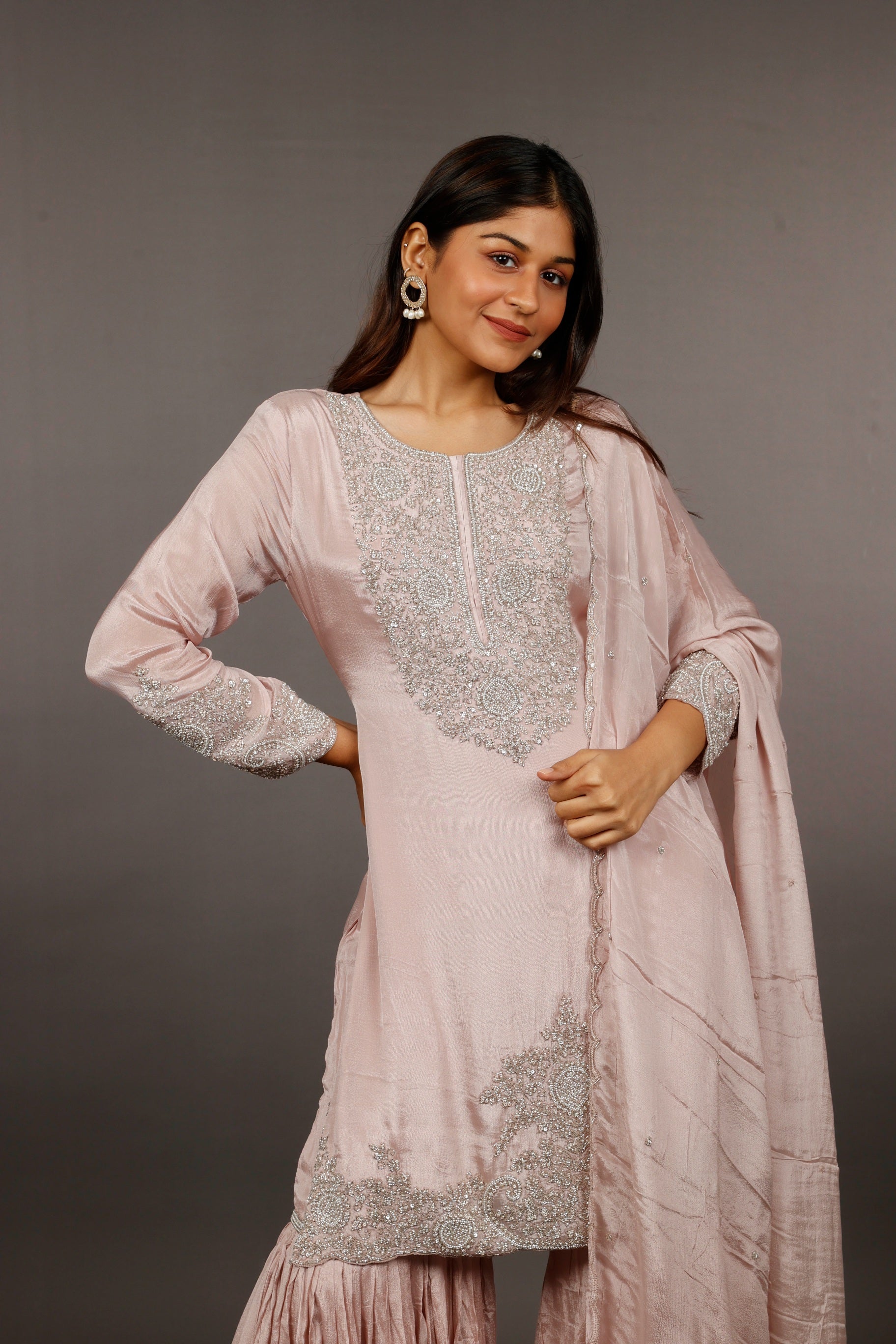 Blush Pink Chinon Silk Sharara Set with Kutdana & Pearl Embroidery