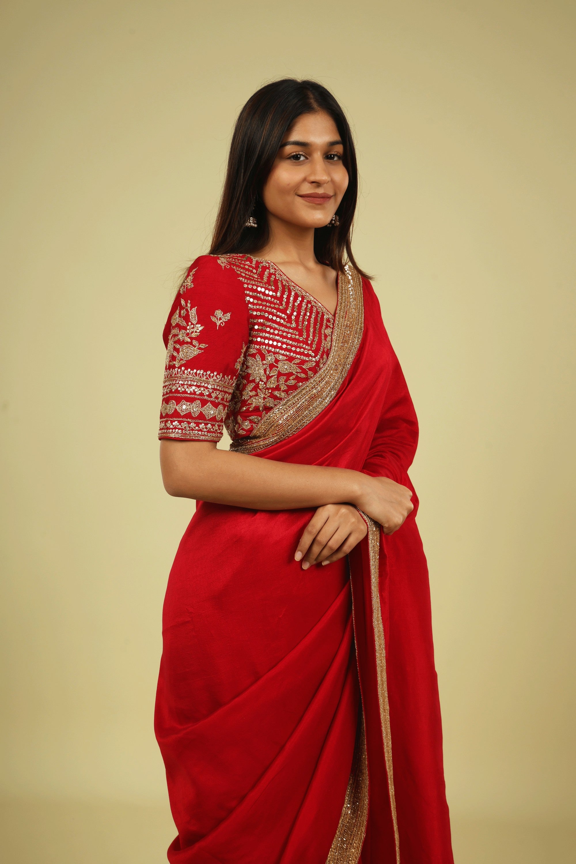 Red Tussar Georgette Saree with Bead & Sequin Border
