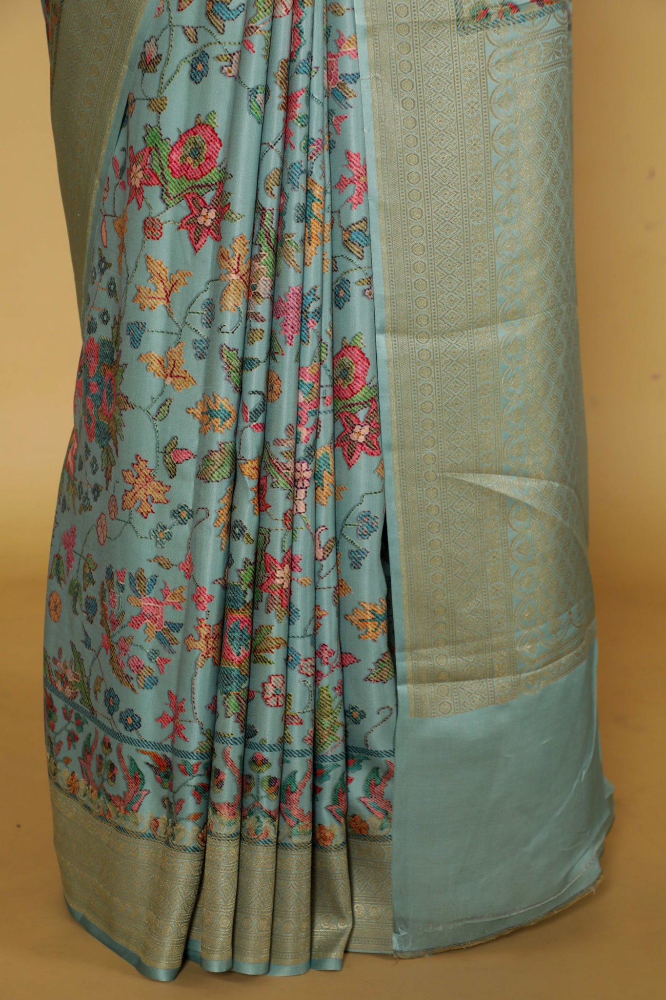 Turquoise Blue Banarasi Satin Silk Saree with All-Over Digital Print & Zari Border**