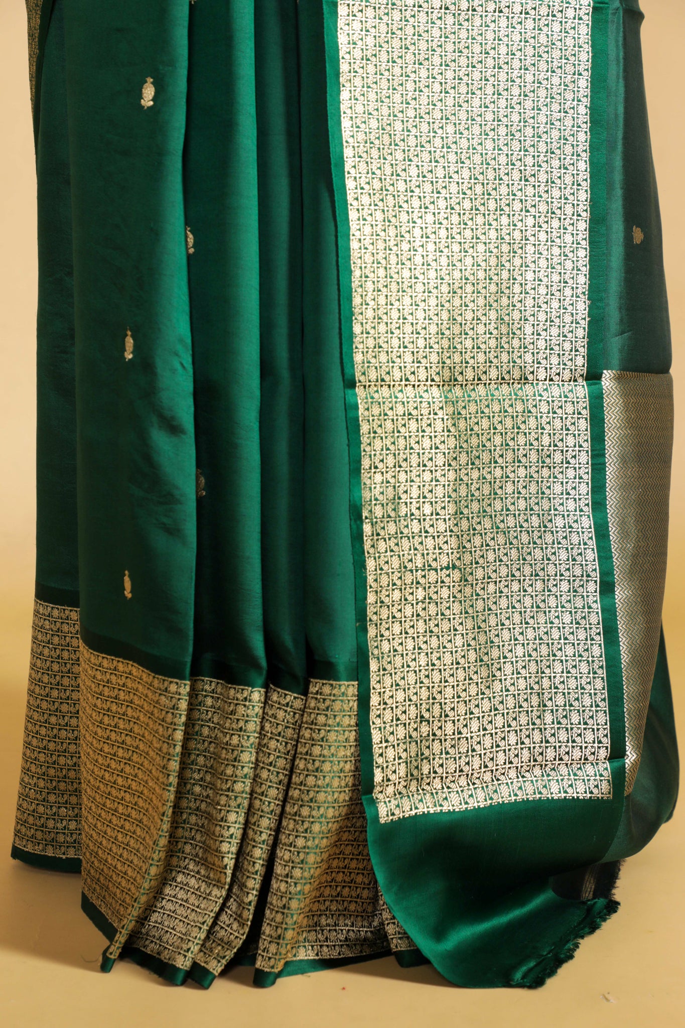 Bottle Green Banarasi Silk Saree with All-Over Buttas & Zari Border