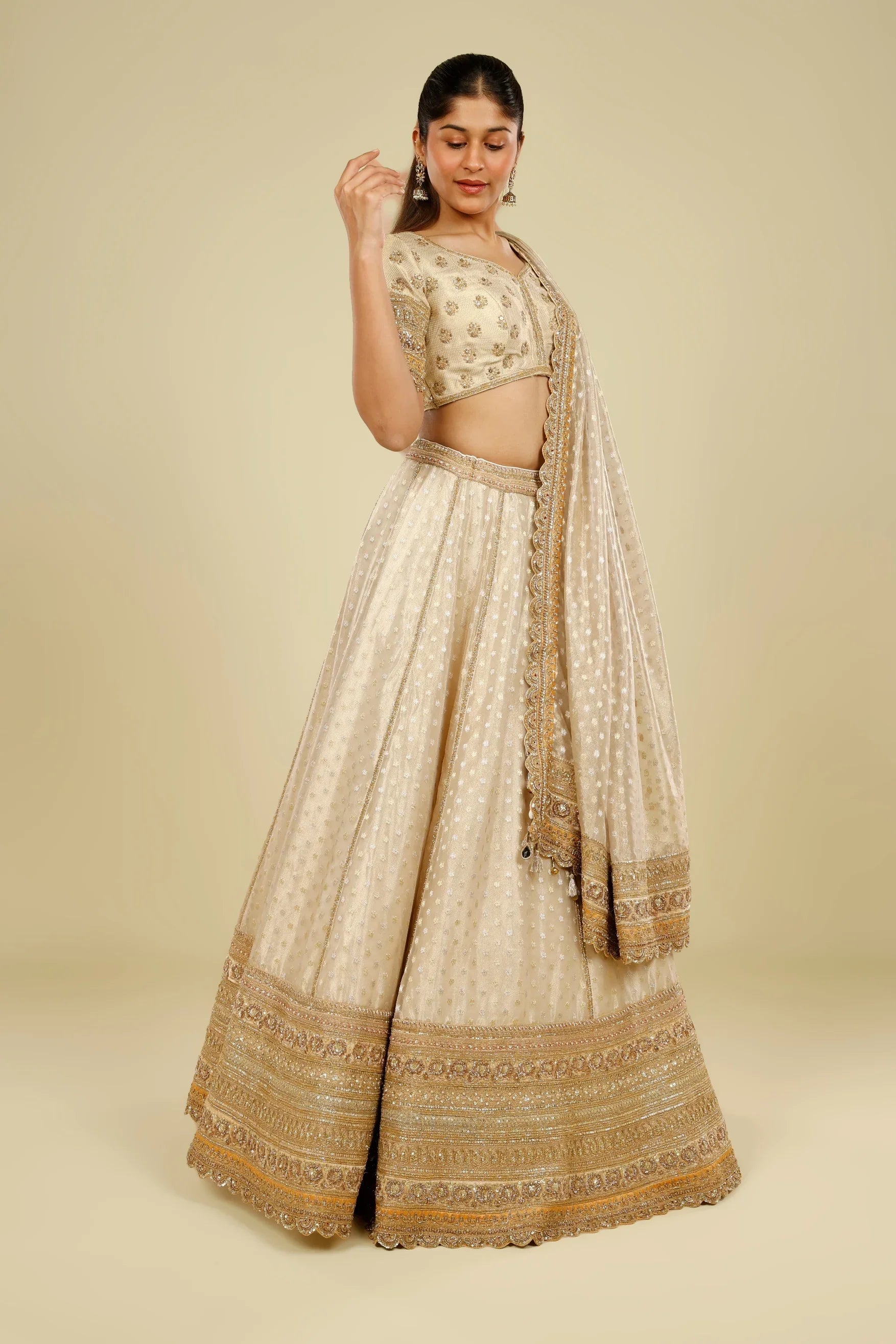 Ivory Banarasi Tissue Organza Lehenga Set with Zardozi, Zari & Sequin Embroidery