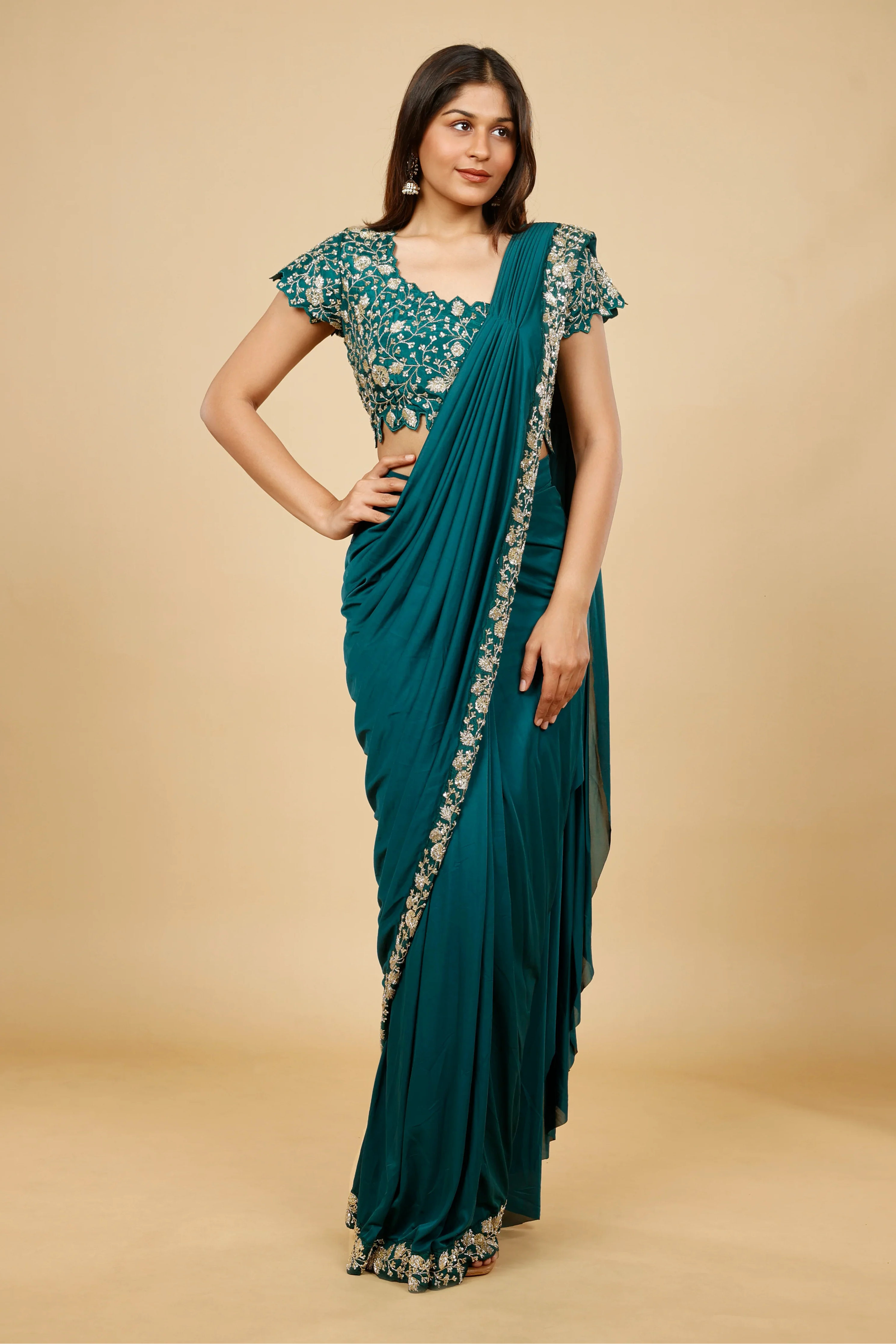Emerald Green Lycra Silk Drape Saree with Kutdana Embroidery - Mokshaa