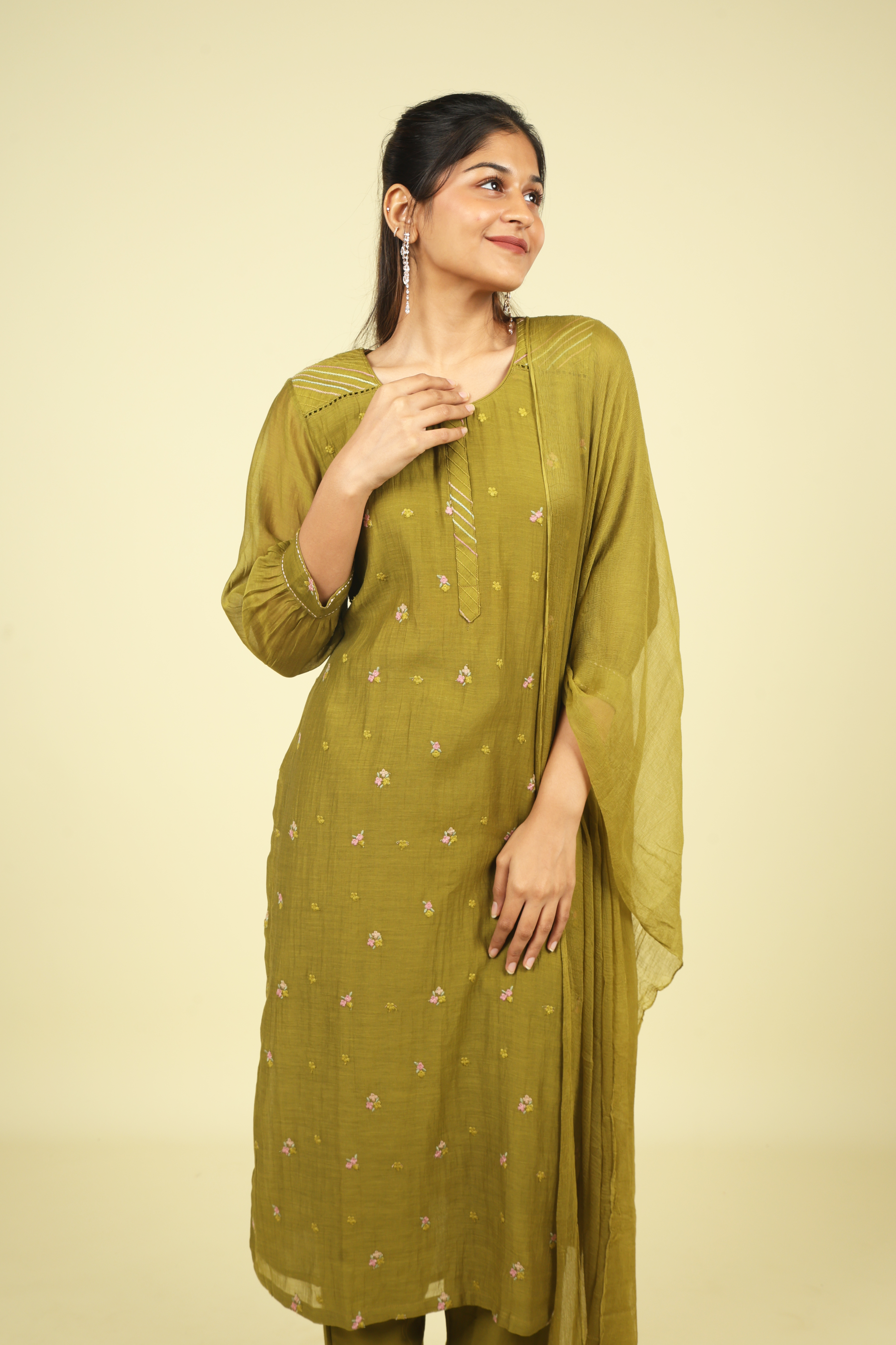 Olive Green Mul Chanderi Straight Cut Salwar Set with Chiffon Dupatta