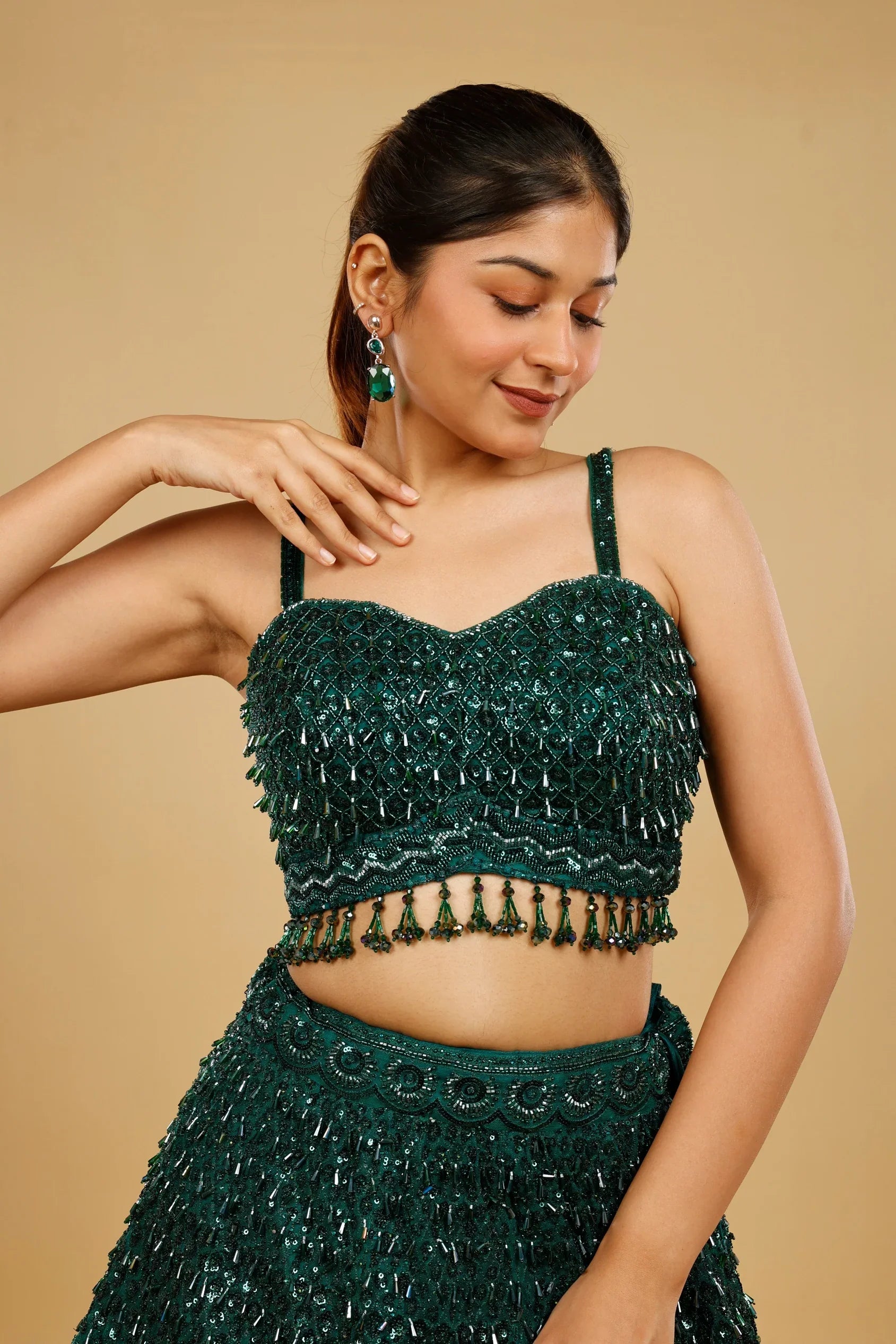 Bottle Green Net Lehenga Set with Sequin, Cutdana & Pearl Embroidery