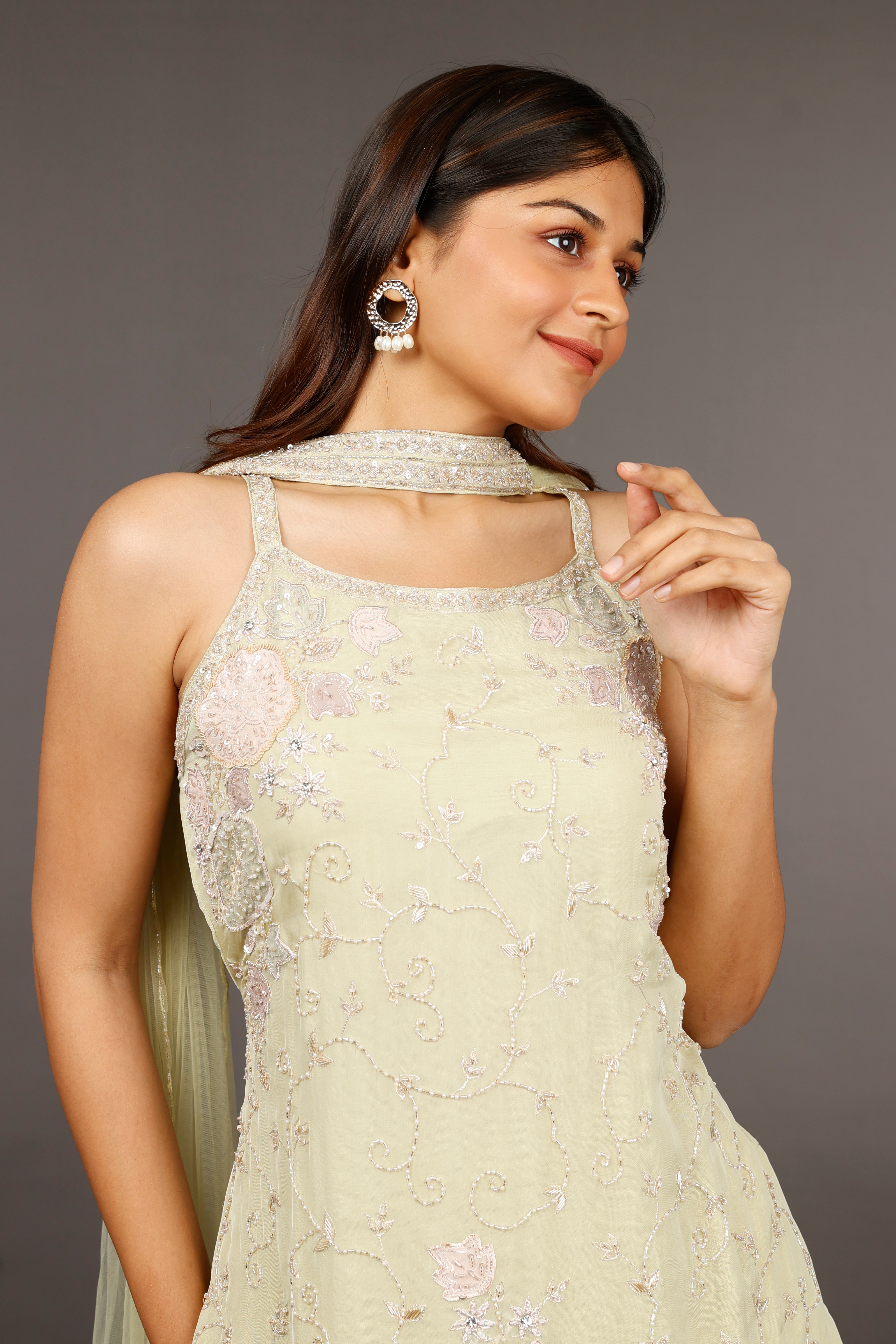 Light Green Georgette Sharara Set with Shadow, Zari, Pearl, Cutdana & Sequin Embroidery