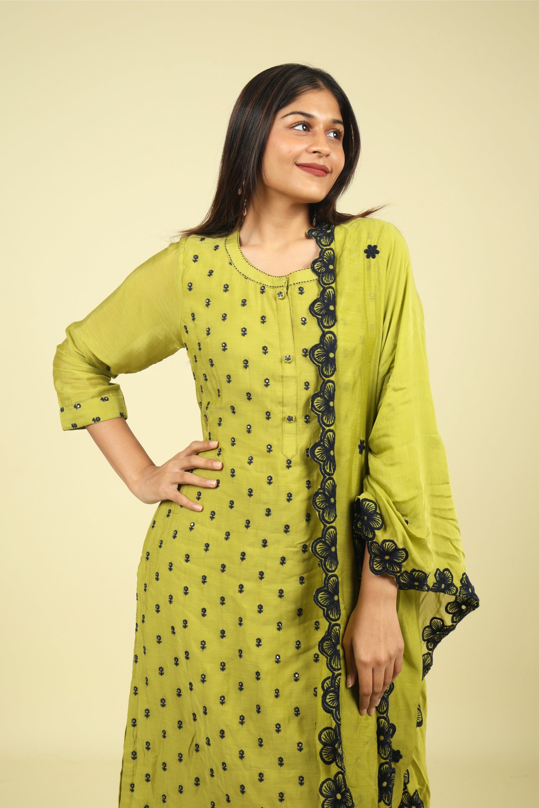 Olive Green Mul Chanderi Straight Cut Salwar Set with Navy Thread Embroidery