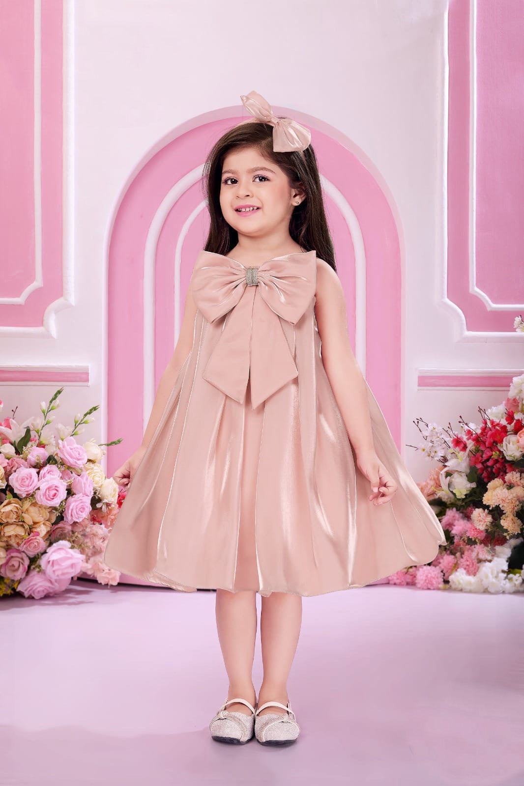 Baby Pink Shimmer Bow Frock for Girls