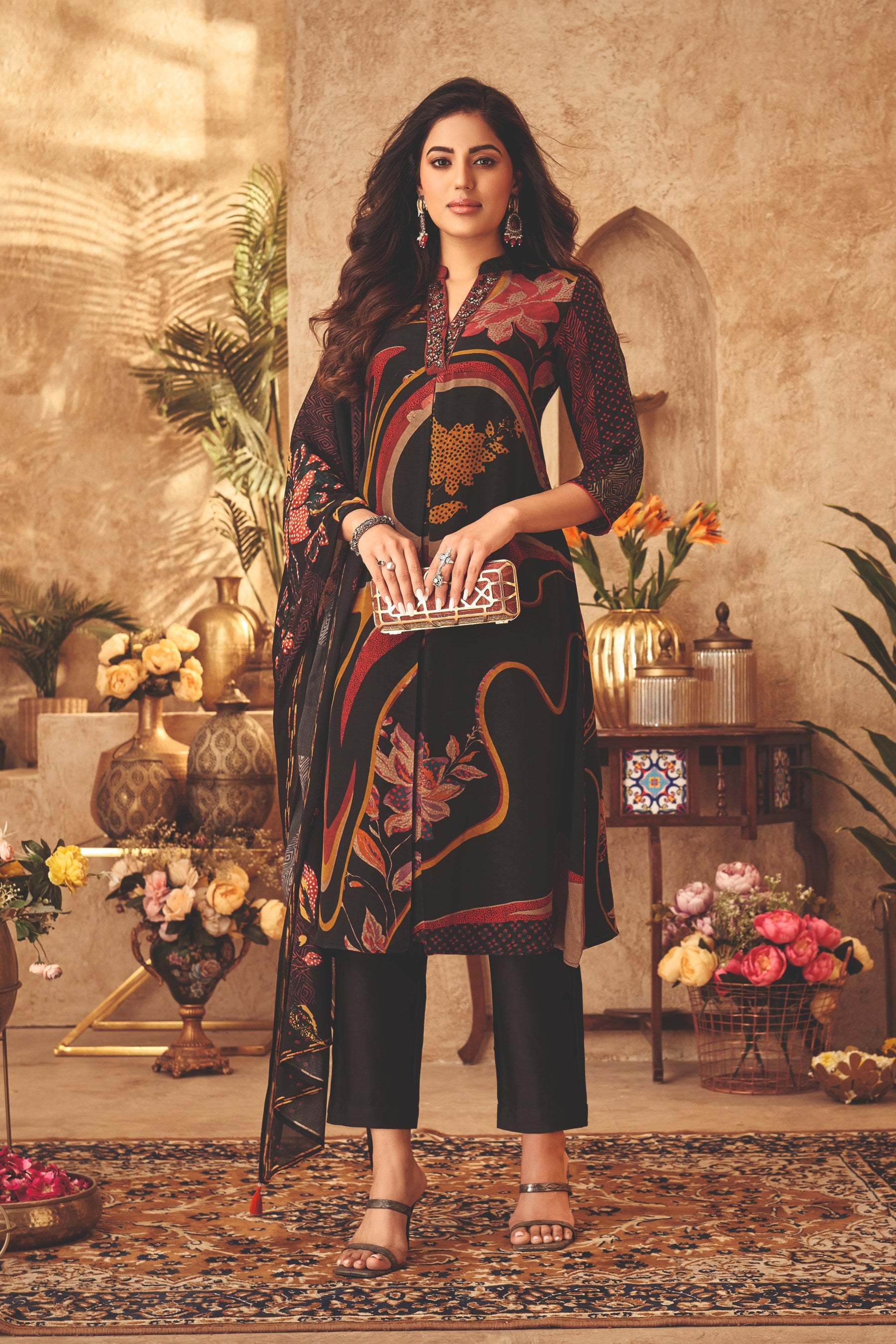 Black Floral Printed Georgette Silk Kurta Pants Set - Mokshaa