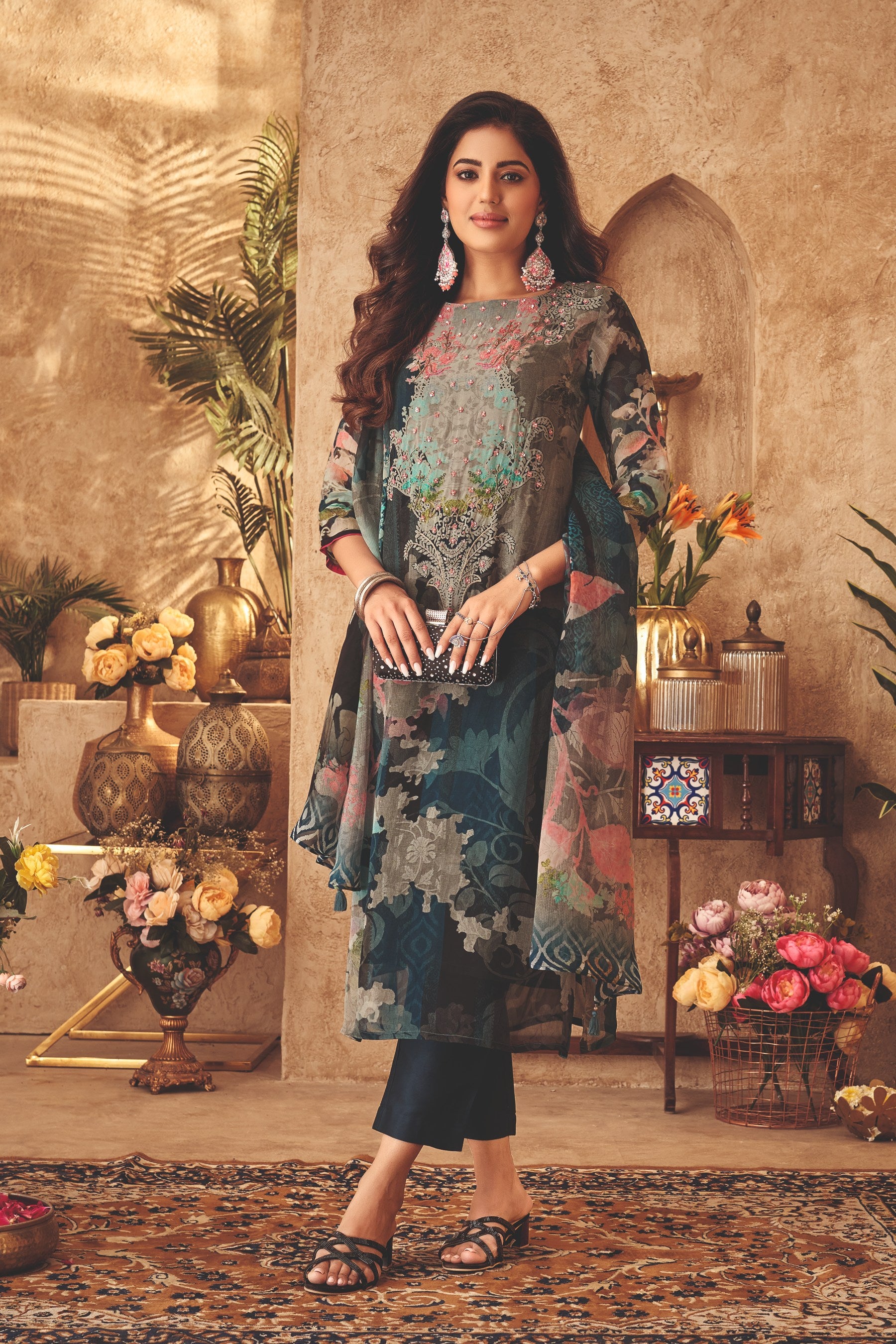 Teal Floral Printed Georgette Silk Kurta Pants Set - Mokshaa